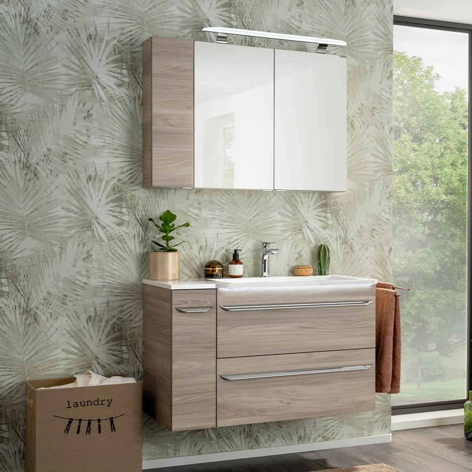 FACKELMANN LUXOR Badmöbel Set 5-teilig 100 cm breit, Braun hell, Waschbecken Gussmarmor Weiß + LED Spiegelschrank + Unterschrank + Hängeschrank Türanschlag links