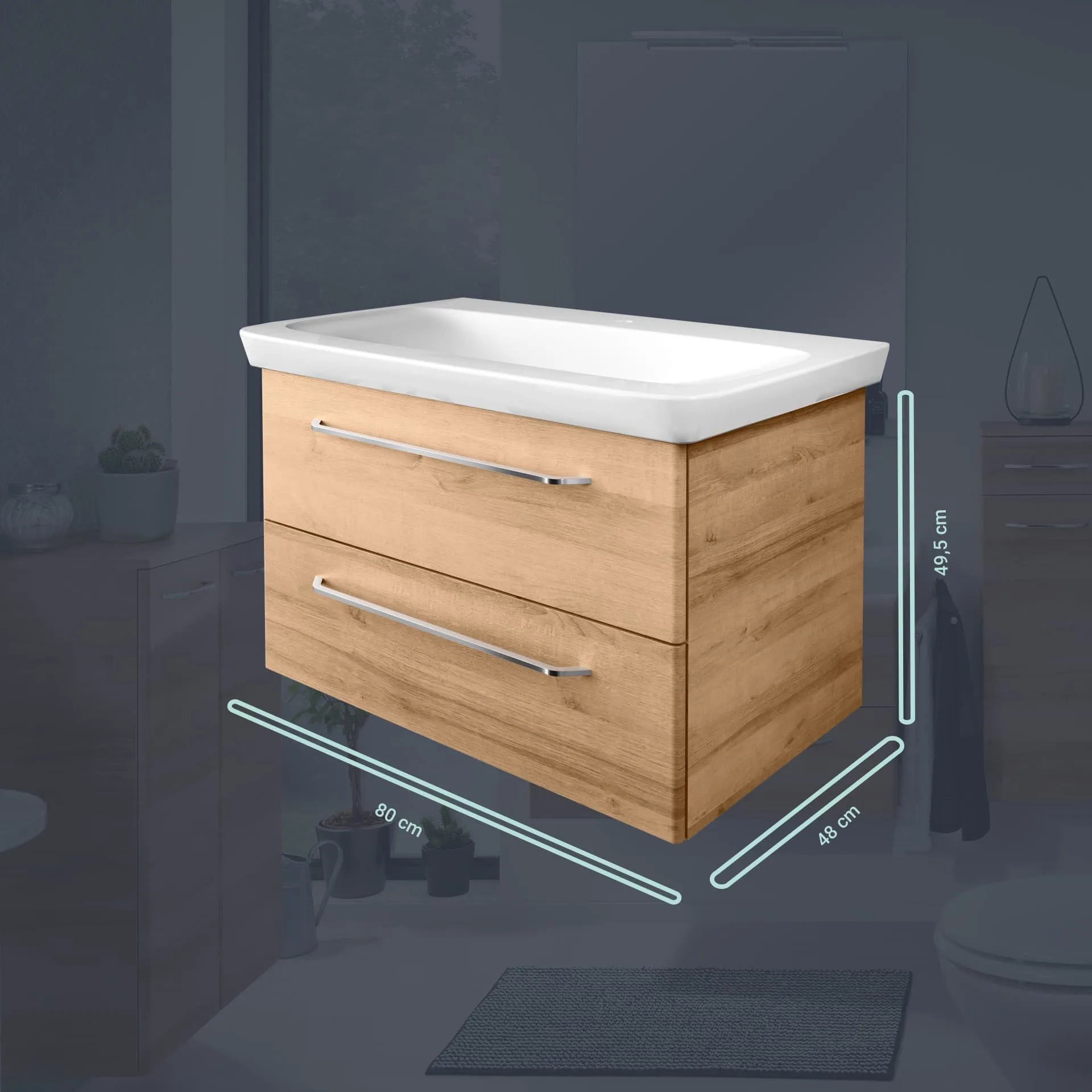FACKELMANN MILANO Badmöbel Set 4-teilig 88 cm breit, Braun hell, Waschbecken Keramik Weiß + LED Spiegelschrank + Hängeschrank