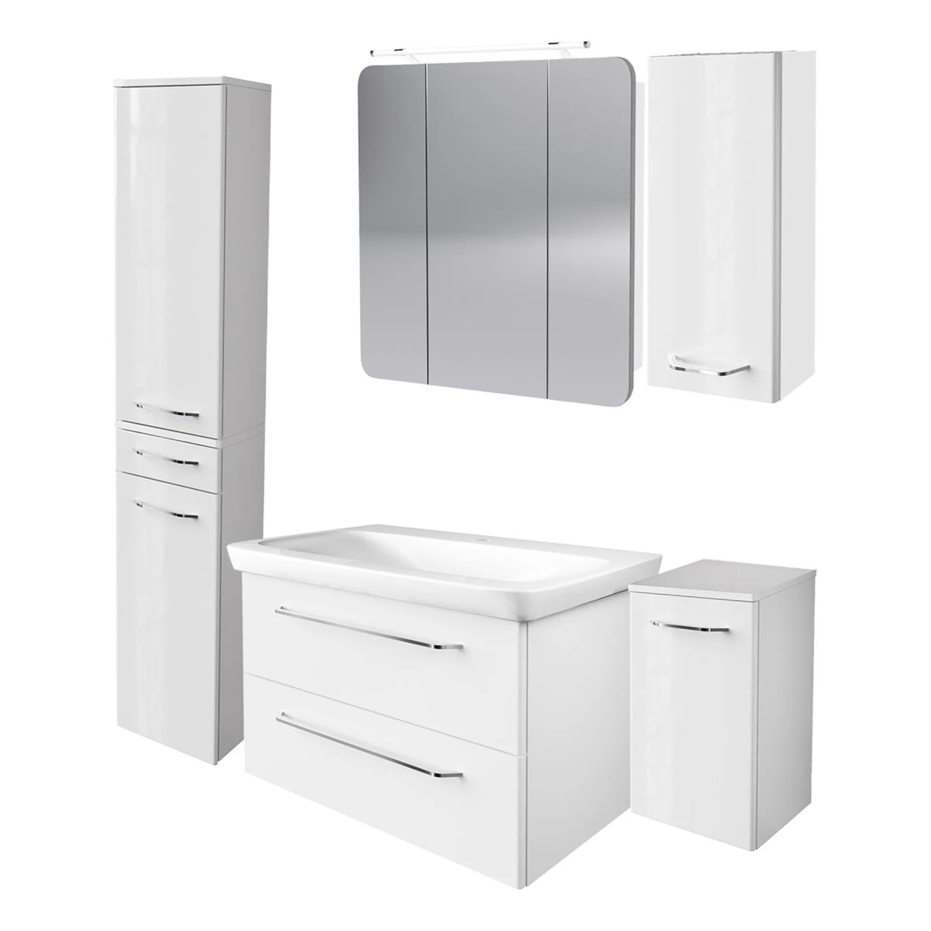 FACKELMANN MILANO Badmöbel Set 6-teilig 88 cm breit, Weiß, Waschbecken Keramik Weiß + LED Spiegelschrank + Unterschrank + Hängeschrank + Hochschrank