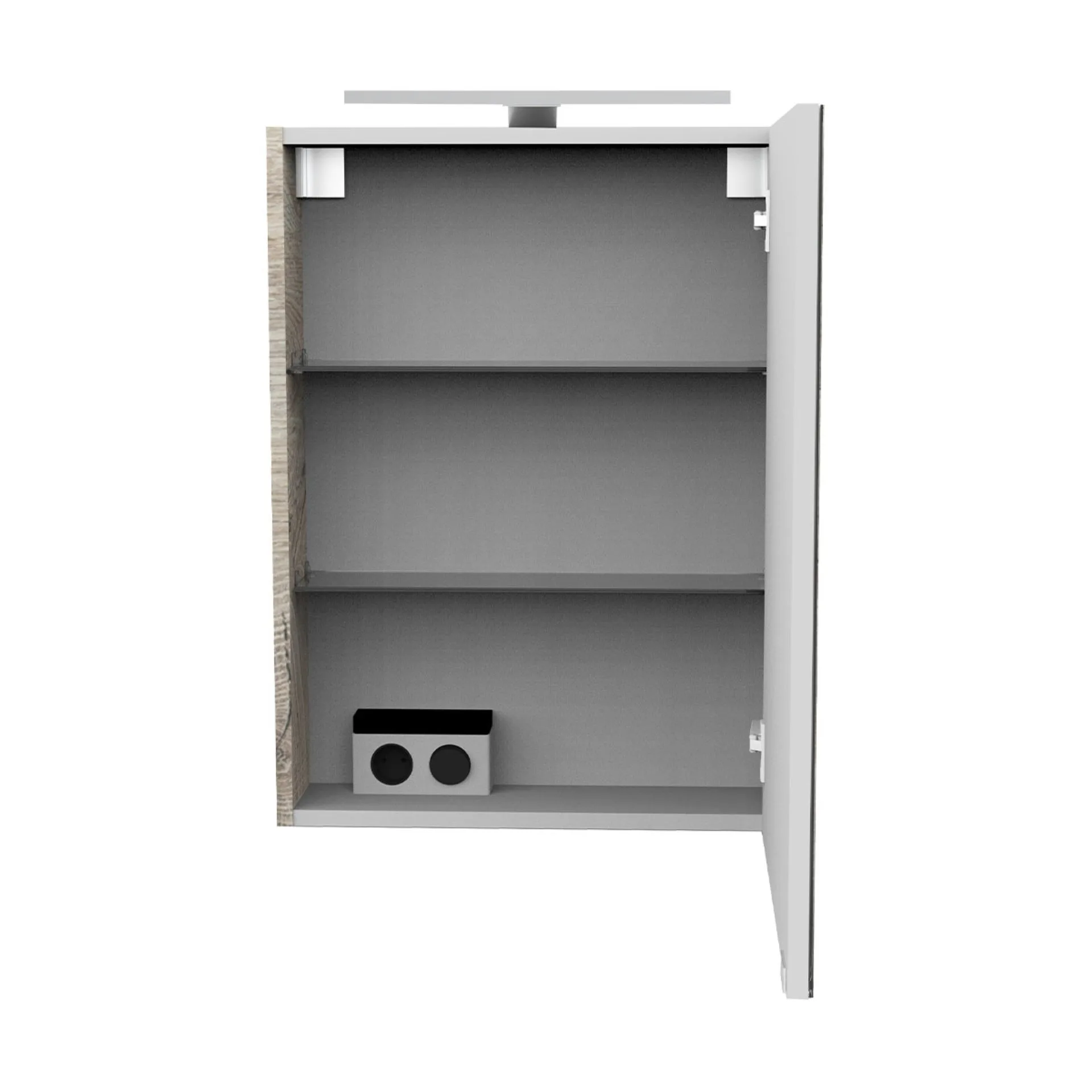 FACKELMANN SBC STANFORD Gäste WC Spiegelschrank 50 cm breit, Braun hell, Türanschlag rechts + Aufsatzleuchte