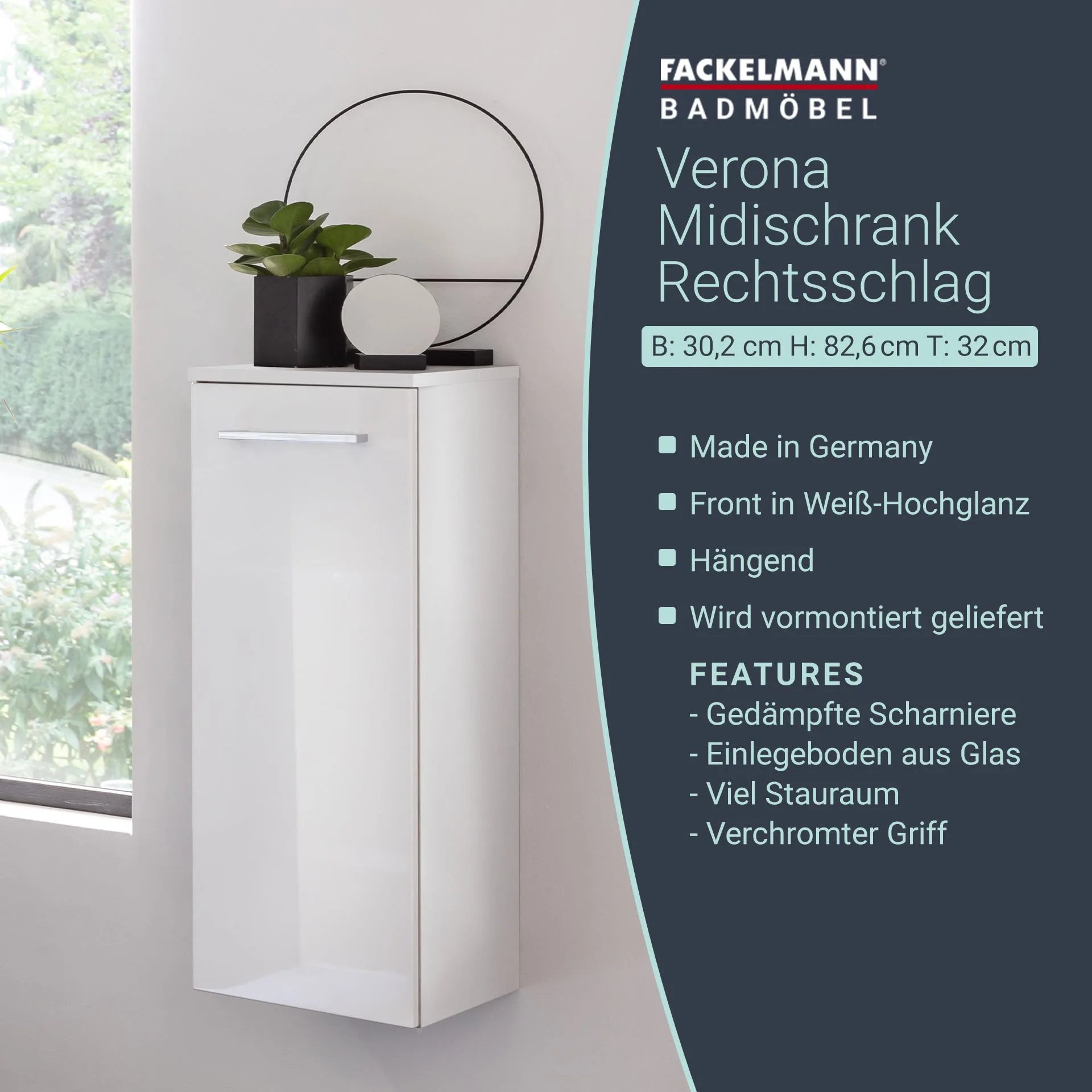 FACKELMANN VERONA Midischrank 30 cm breit, Weiß Hochglanz, Türanschlag rechts