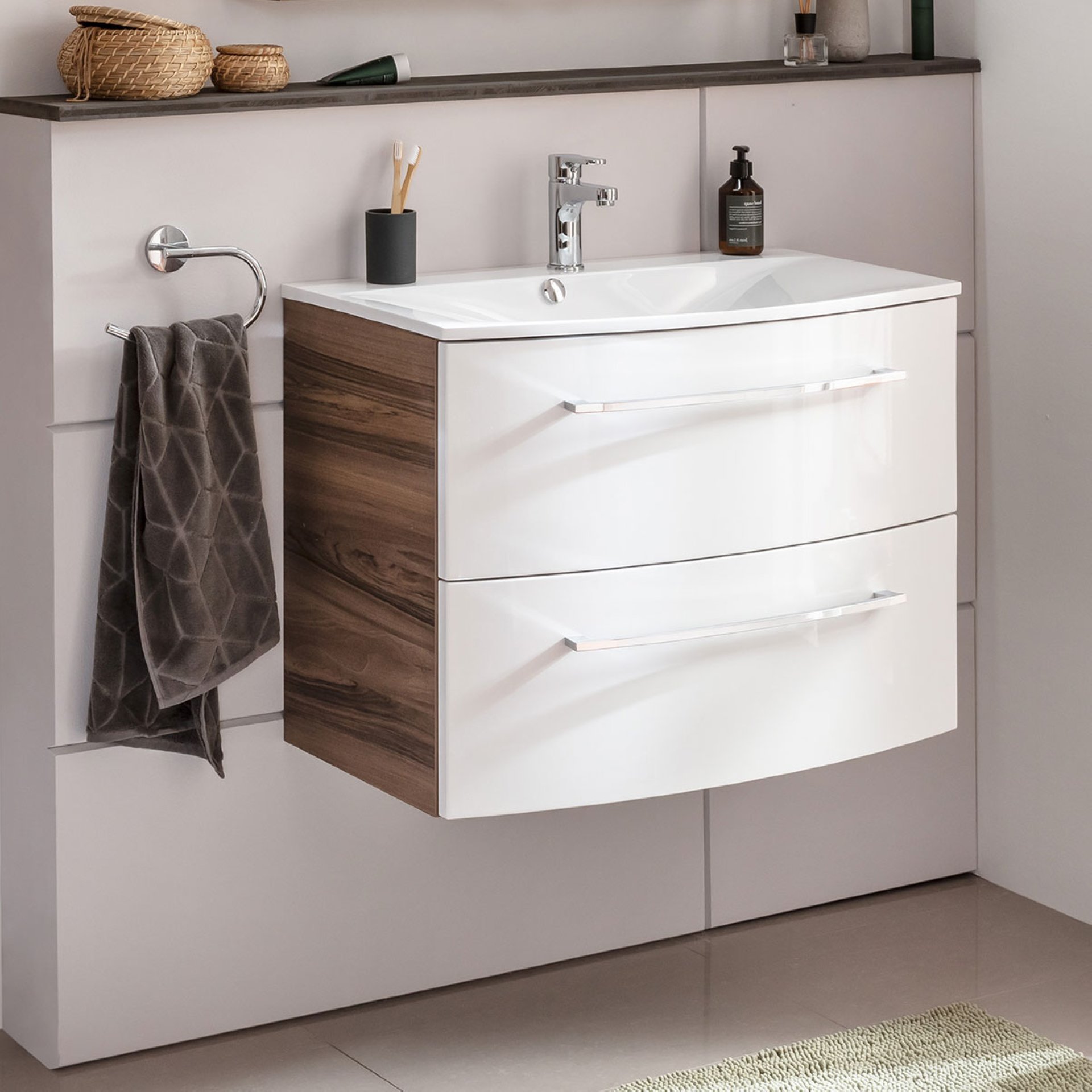 Fackelmann VERONA Badmöbel Set 2-teilig 80 cm breit, Braun Dunkel/Weiß Hochglanz, Gussmarmor