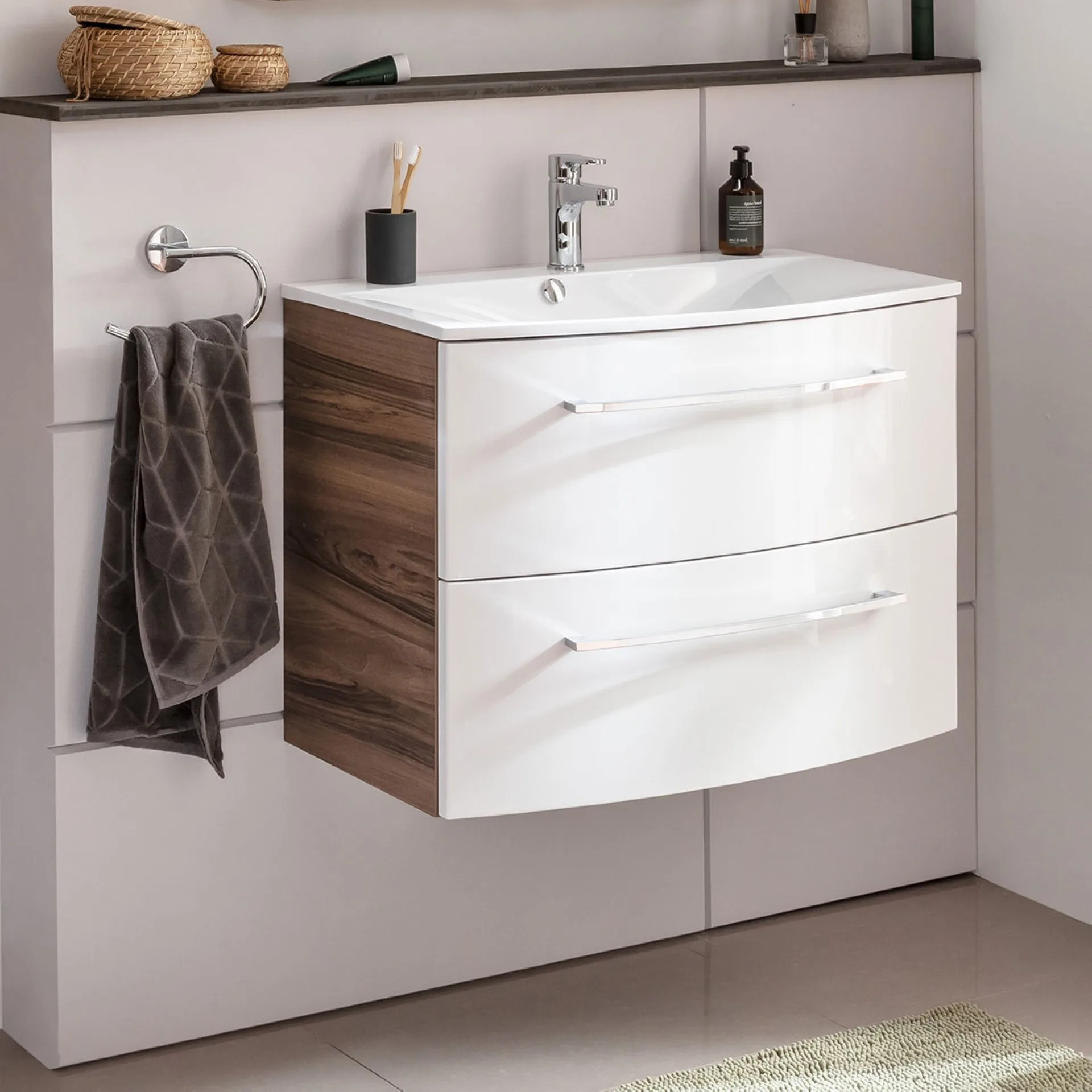 FACKELMANN VERONA Waschbecken mit Unterschrank 80 cm breit, Weiß/Braun Dunkel, Waschbecken Gussmarmor Weiß