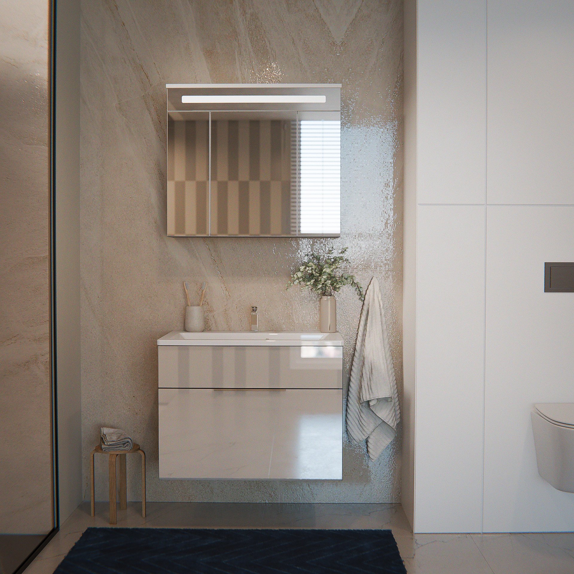 FACKELMANN KARA Waschtisch Set mit Spiegelschrank 80 cm breit, Weiß/Anthrazit, Waschbecken Gussmarmor Weiß, 1 Schublade