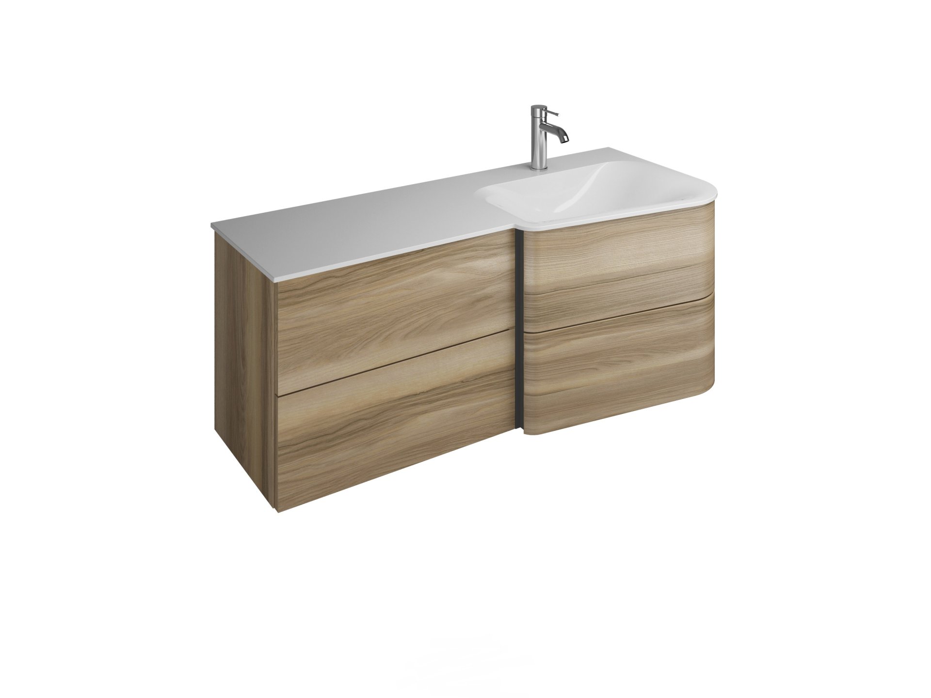 Burgbad BADU Waschbecken mit Unterschrank 122 cm breit, Braun, Waschbecken Gussmarmor Weiß, Ablage links, 4 Schubladen