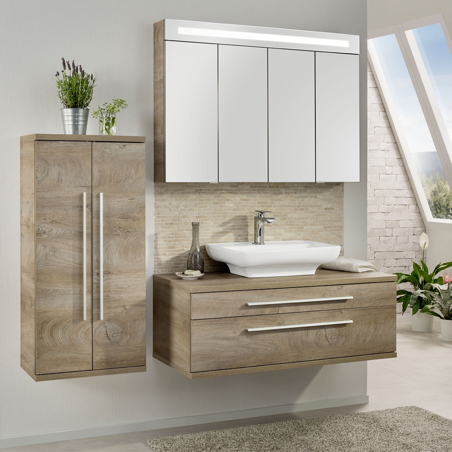 Fackelmann STANFORD Badmöbel Set 4-teilig, 110 cm breit, Braun, Aufsatzbecken+Spiegelschrank+Midischrank