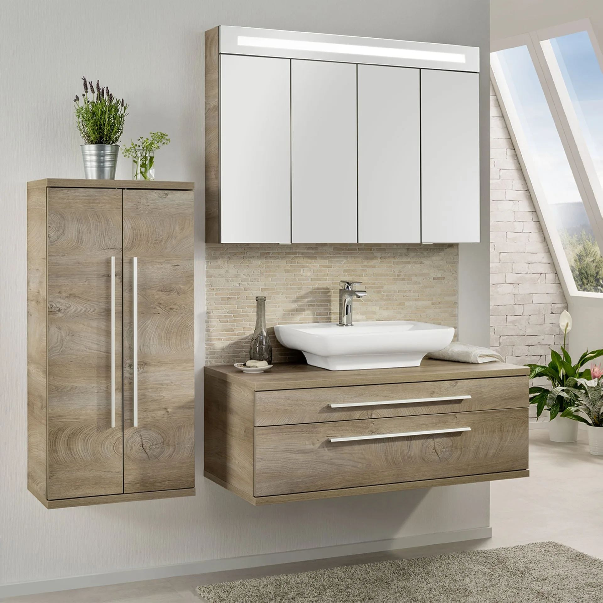 Fackelmann STANFORD Badmöbel Set 4-teilig, 110 cm breit, Braun, Aufsatzbecken+Spiegelschrank+Midischrank