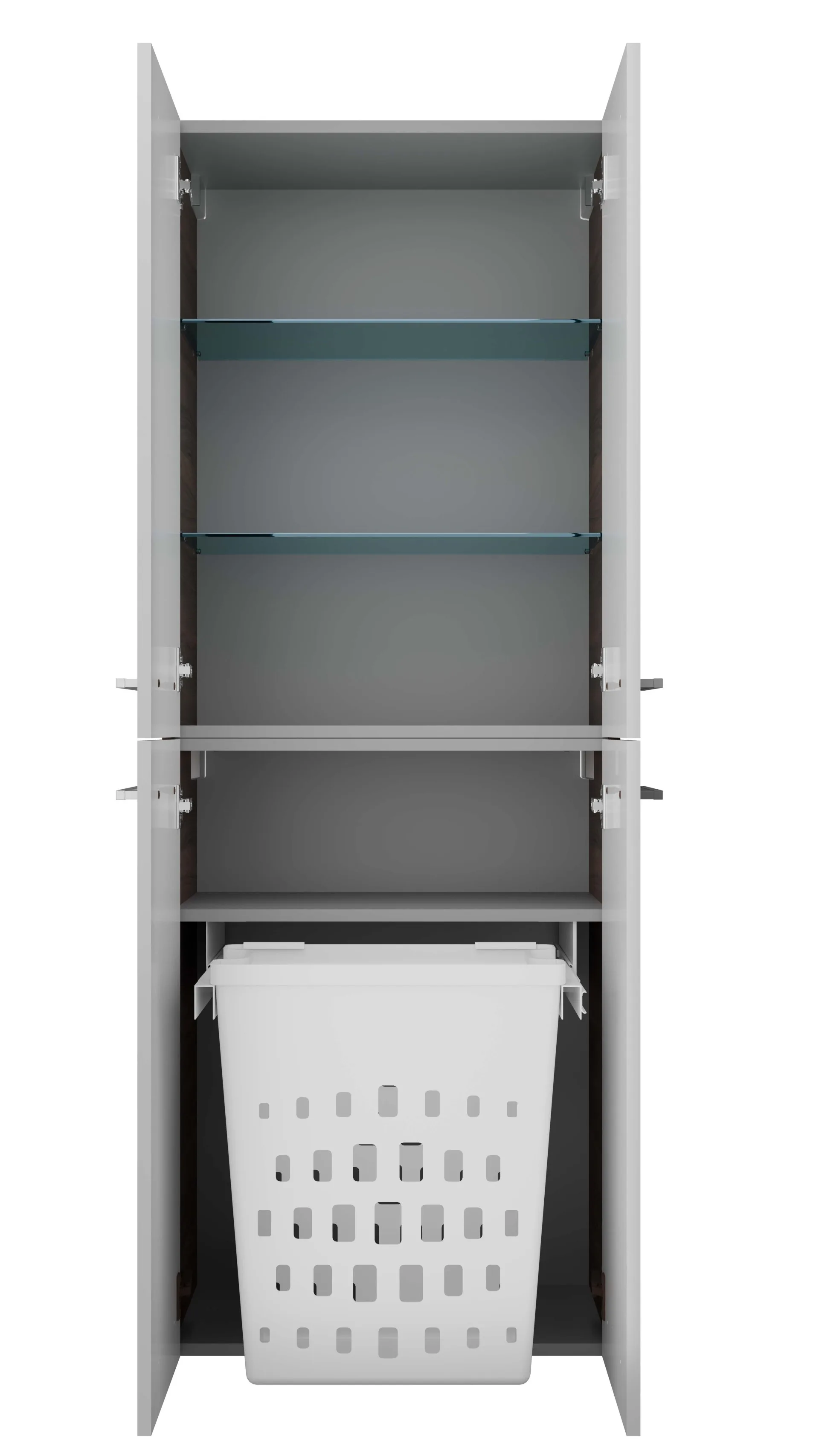 FACKELMANN VERONA Doppel Hochschrank 60 cm breit, Weiß Hochglanz/Braun Dunkel, mit Wäschekorb