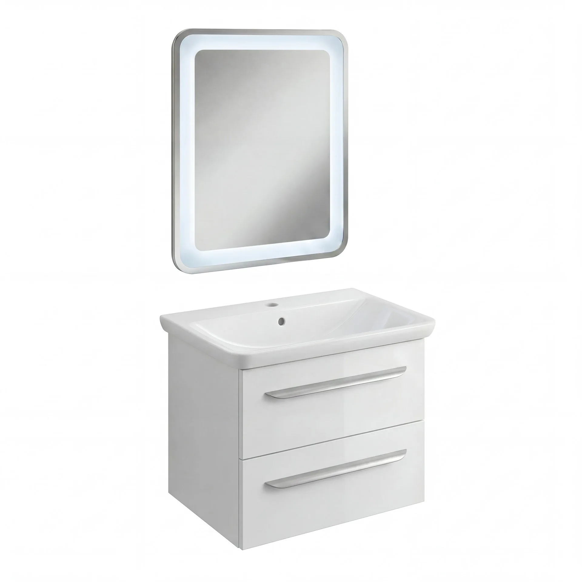 LANZET M9 Waschtisch Set mit Spiegel 70 cm breit, Weiß, Waschbecken Gussmarmor Weiß + LED Spiegel + Waschbeckenbeleuchtung