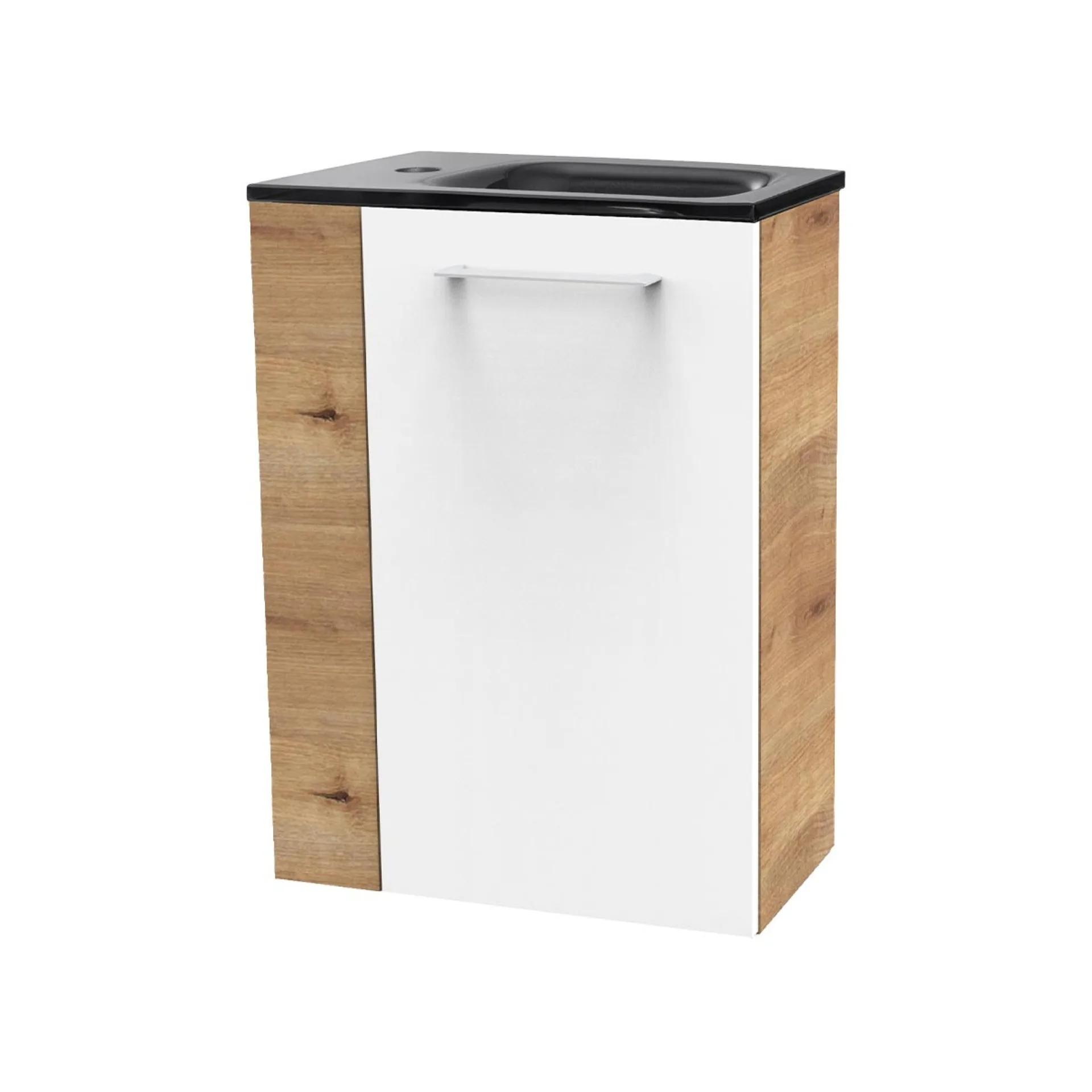 FACKELMANN SBC MILANO Gäste WC Waschtisch Set 45 cm breit, Weiß/Braun hell, Waschbecken Glas Anthrazit, Türanschlag rechts