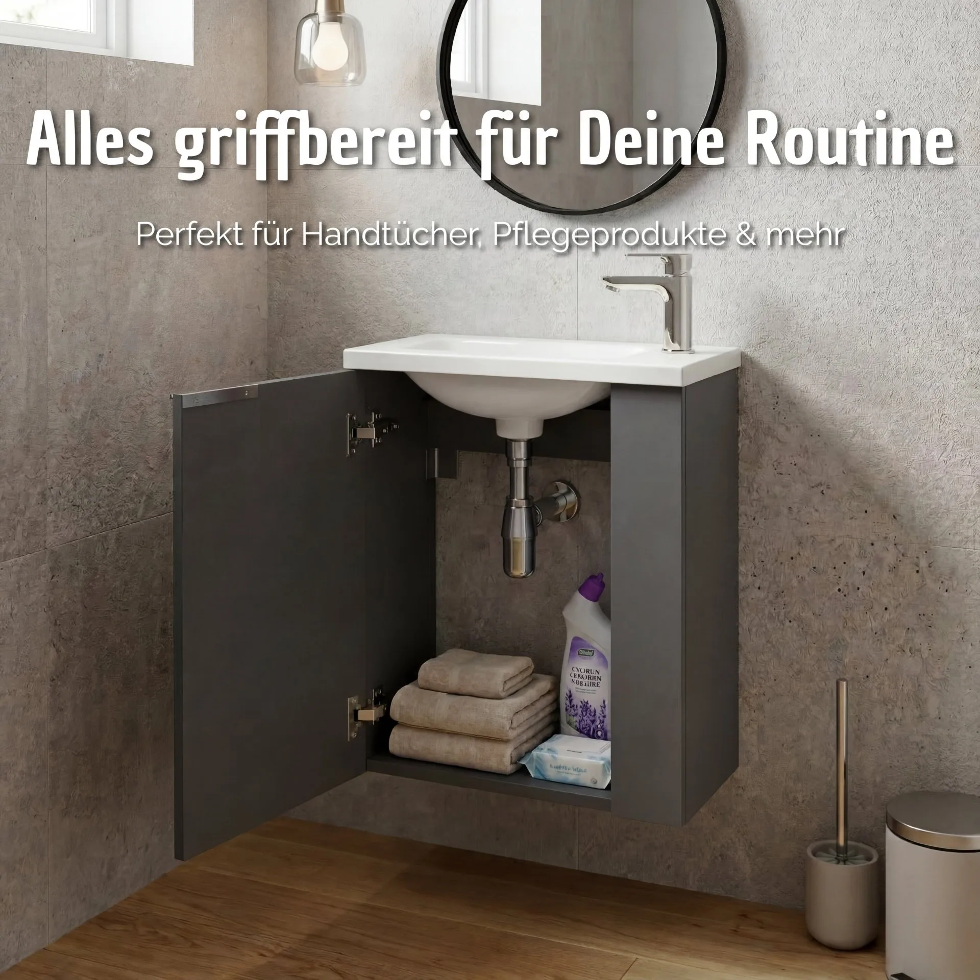 BADEDU UMEA Gäste WC Waschtisch Set 50 cm breit, Anthrazit, Waschbecken Gussmarmor Weiß