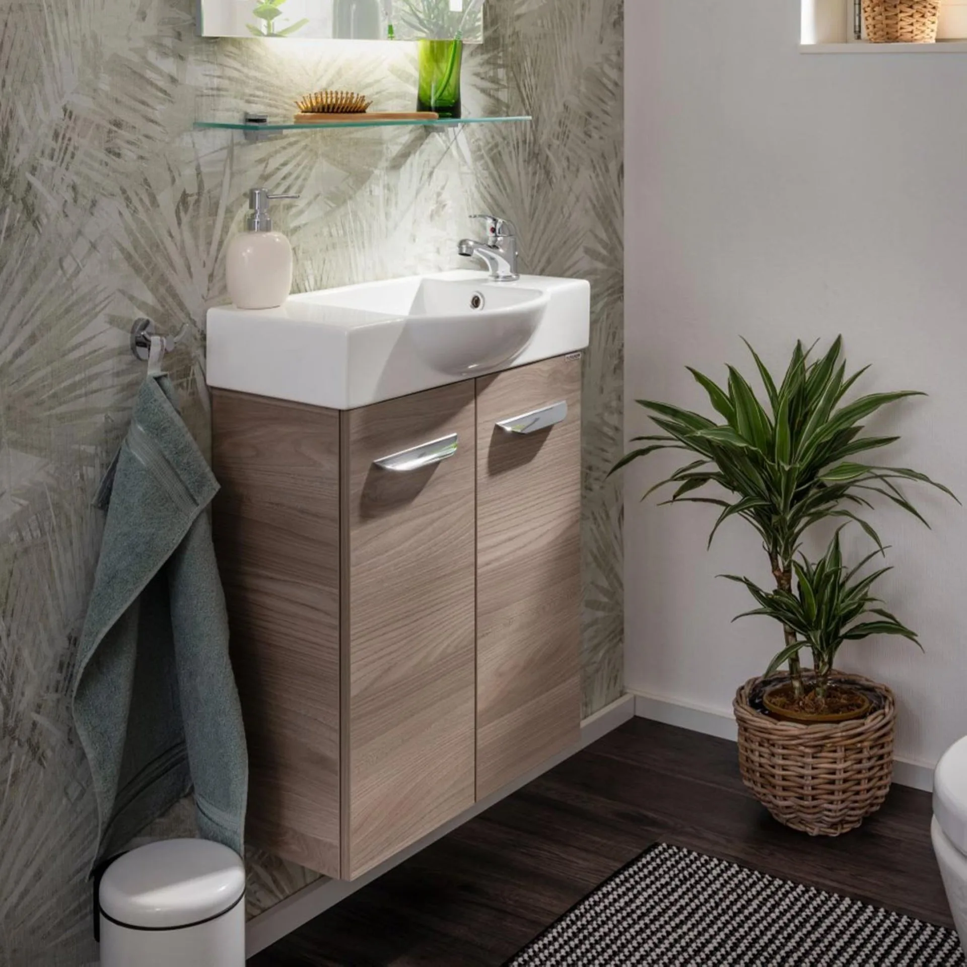 FACKELMANN SBC LUXOR Waschbeckenunterschrank Gäste WC 55 cm breit, Braun hell, 2 Türen