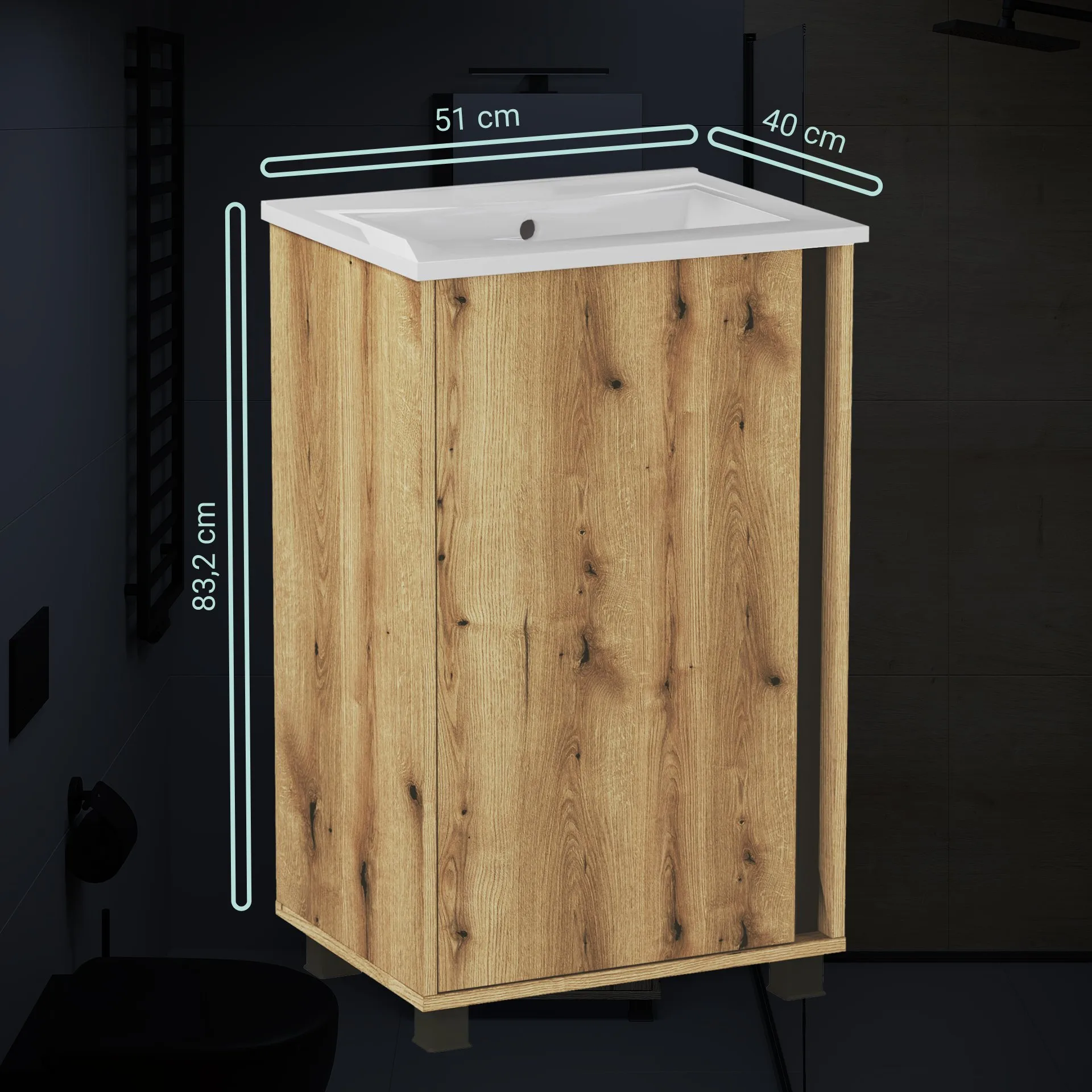 BADEDU LULE Gäste WC Waschtisch Set 51 cm breit, Braun, Waschbecken Keramik Weiß, mit Füßen