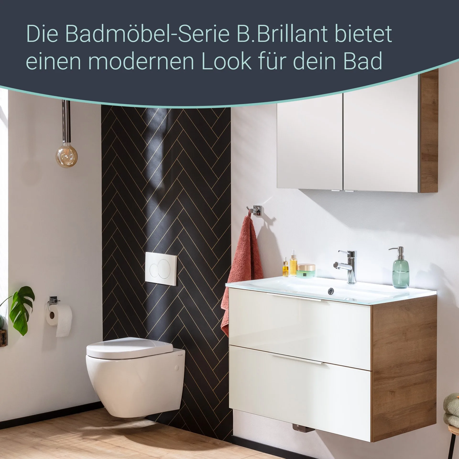 FACKELMANN B.BRILLANT Waschbecken mit Unterschrank 80 cm breit, Weiß Glas/Braun hell, Waschbecken Glas Weiß