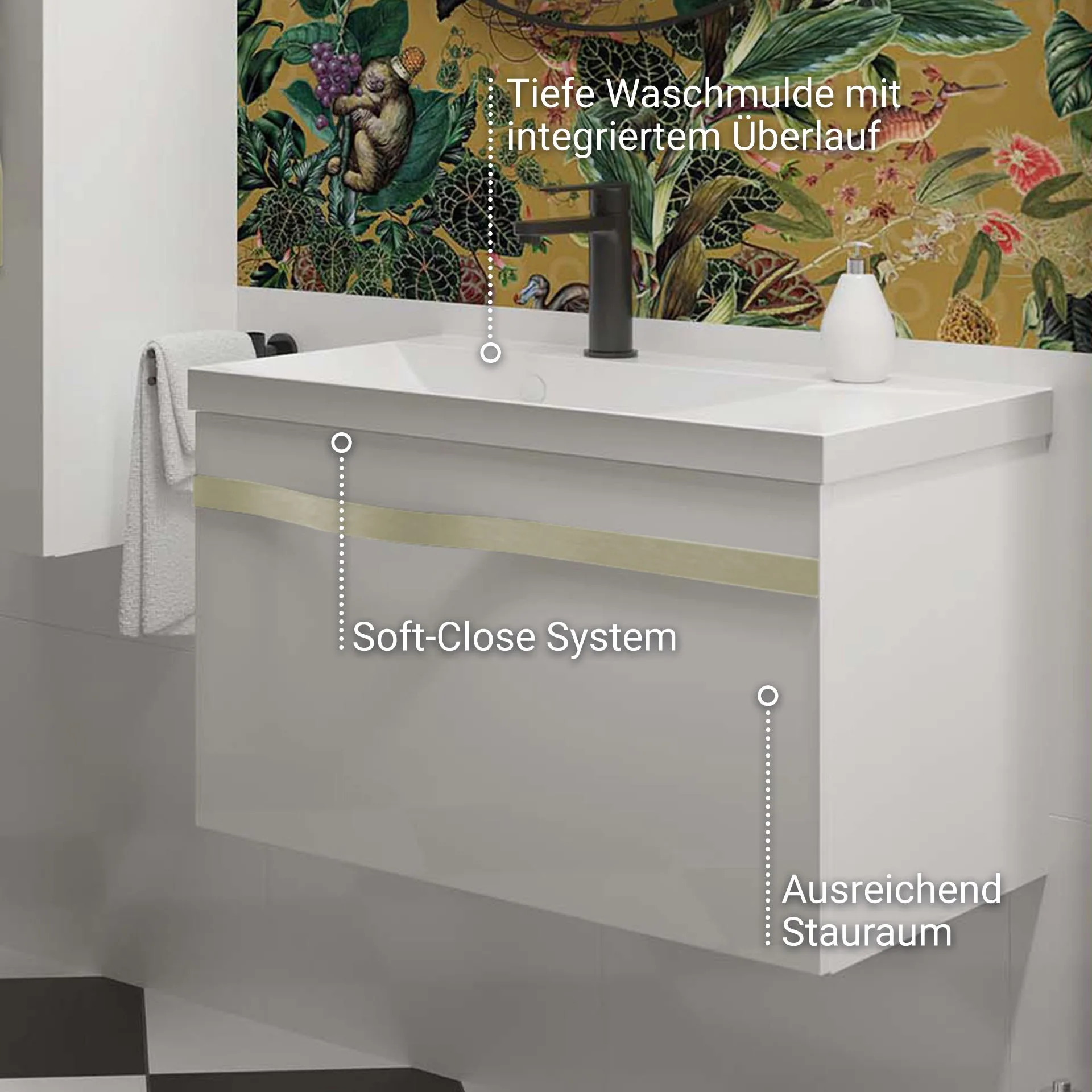 BADEDU FILS Waschbecken mit Unterschrank 69 cm breit, Weiß, Waschbecken Gussmarmor Weiß, Griff Silber