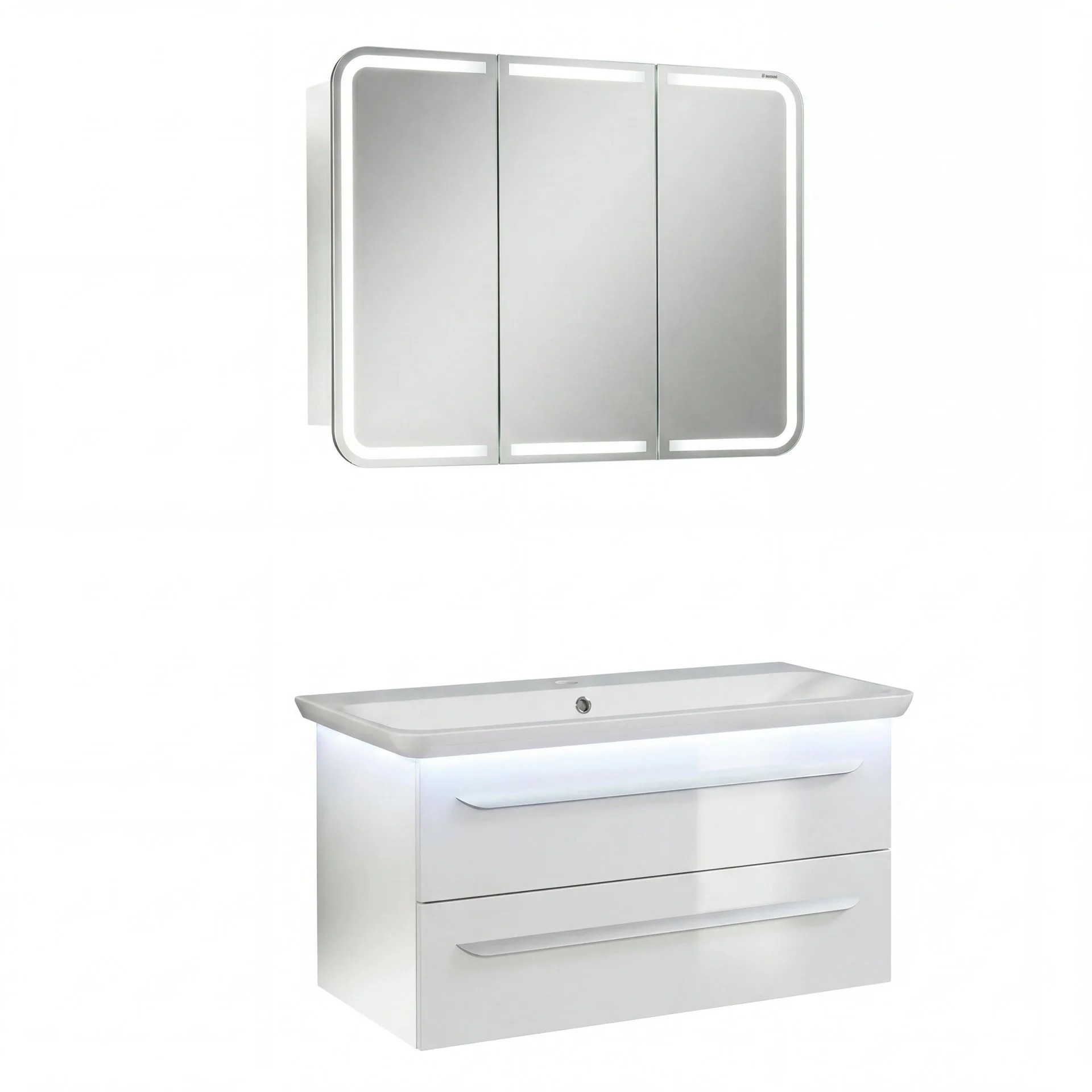 LANZET M9 Waschtisch Set mit Spiegelschrank 100 cm breit, Weiß, Waschbecken Gussmarmor Weiß + Waschbeckenbeleuchtung