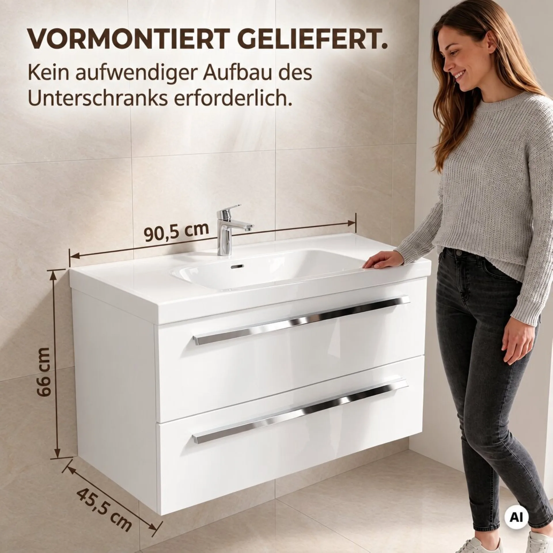 BADEDU TESSANO Waschbecken mit Unterschrank 90 cm breit, Weiß, Waschbecken Keramik Weiß