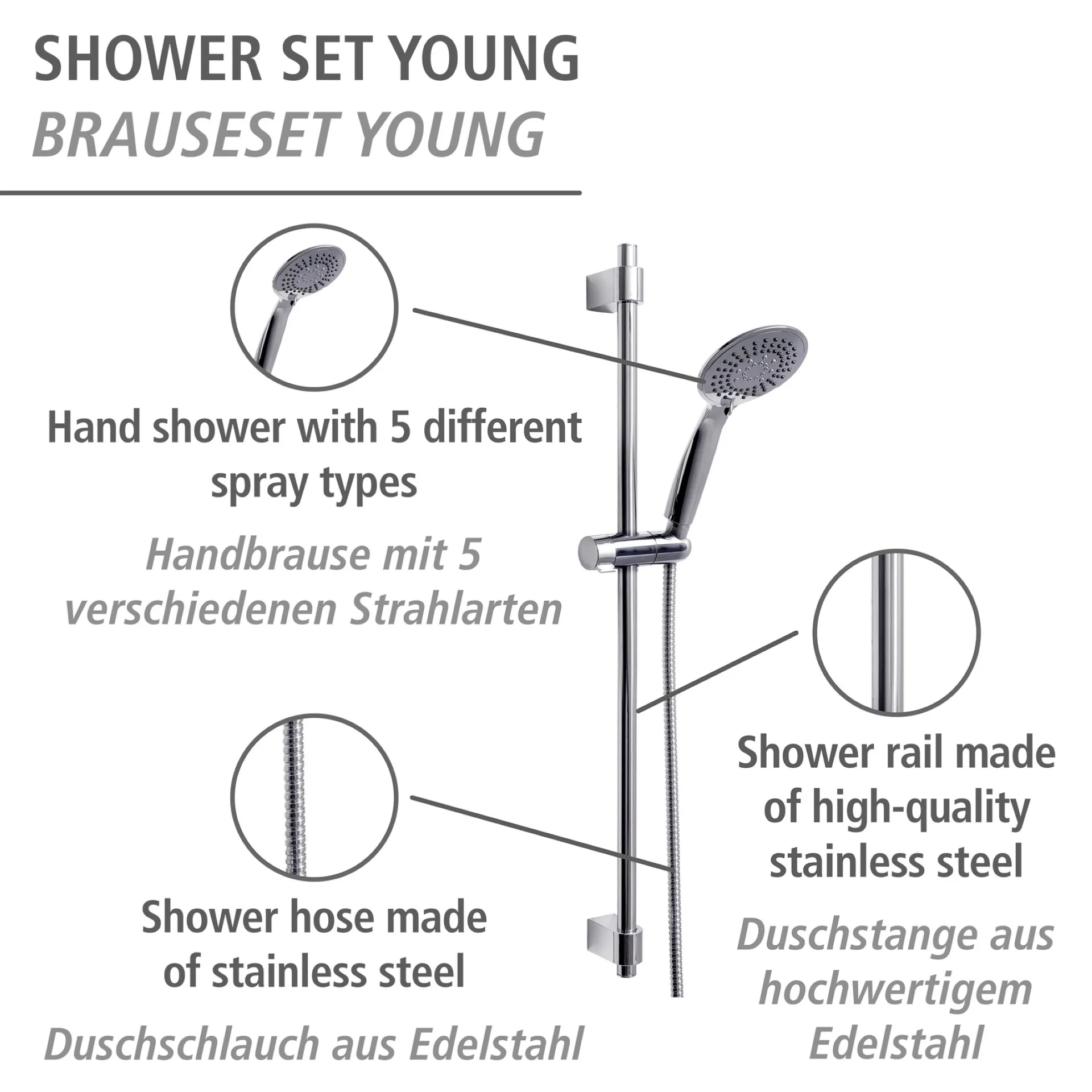 WENKO YOUNG Stangenbrause Set 66 cm, Chrom, 5 verschiedene Wasserstrahlarten