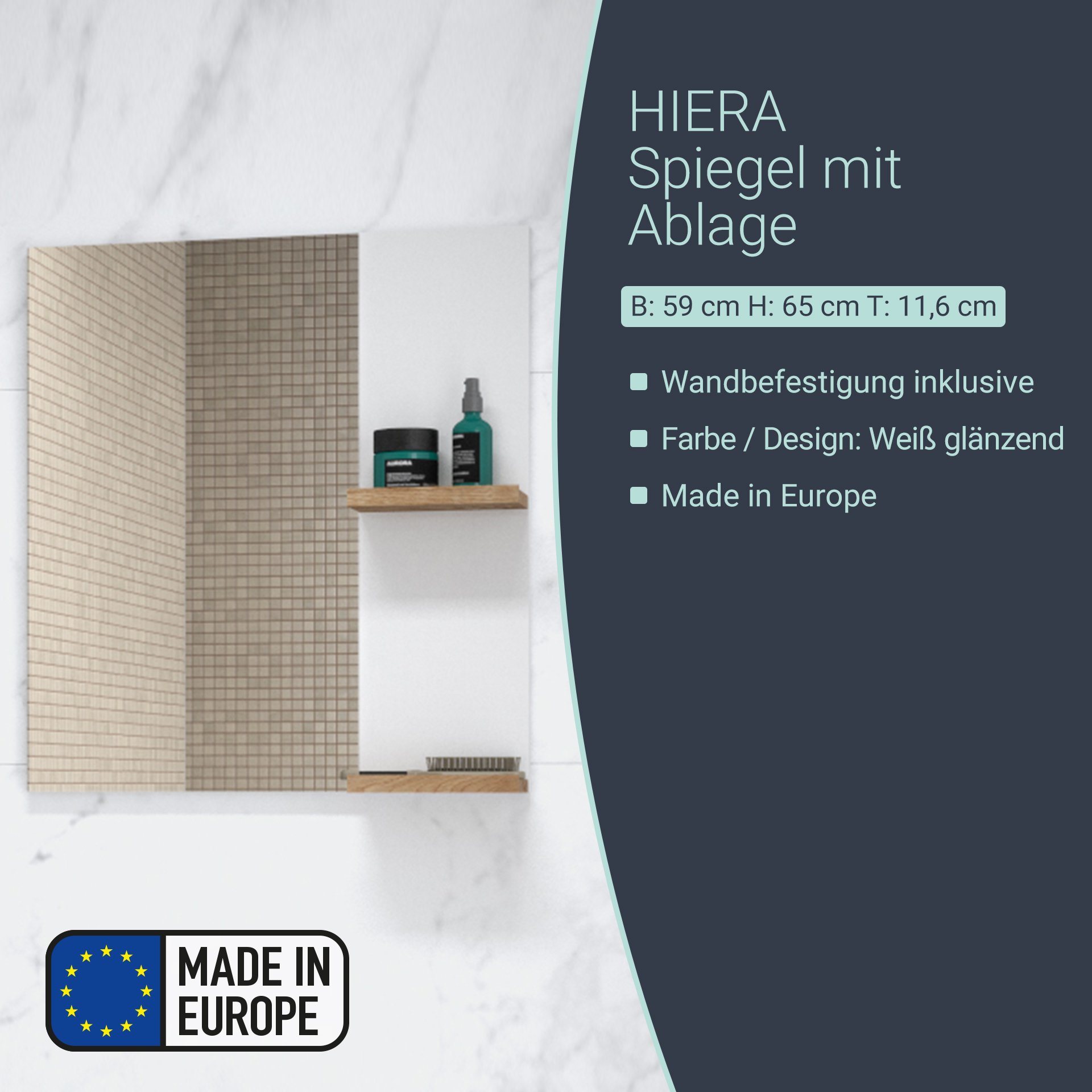 BADEDU HIERA Spiegel 59 cm breit, Weiß, zwei Ablagen