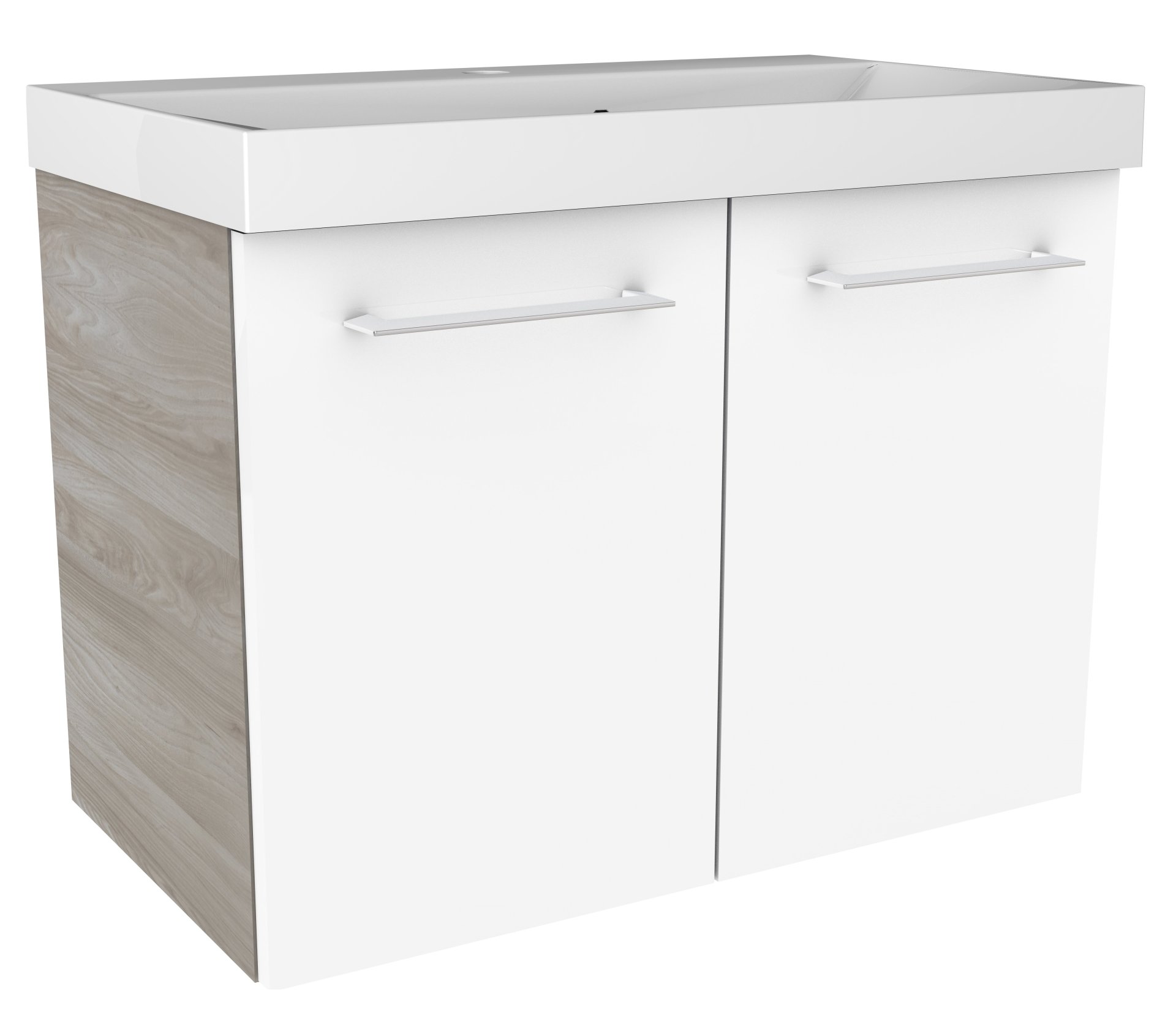 FACKELMANN LIMA Waschbecken mit Unterschrank 60 cm breit, Weiß/Braun, Waschbecken Gussmarmor Weiß