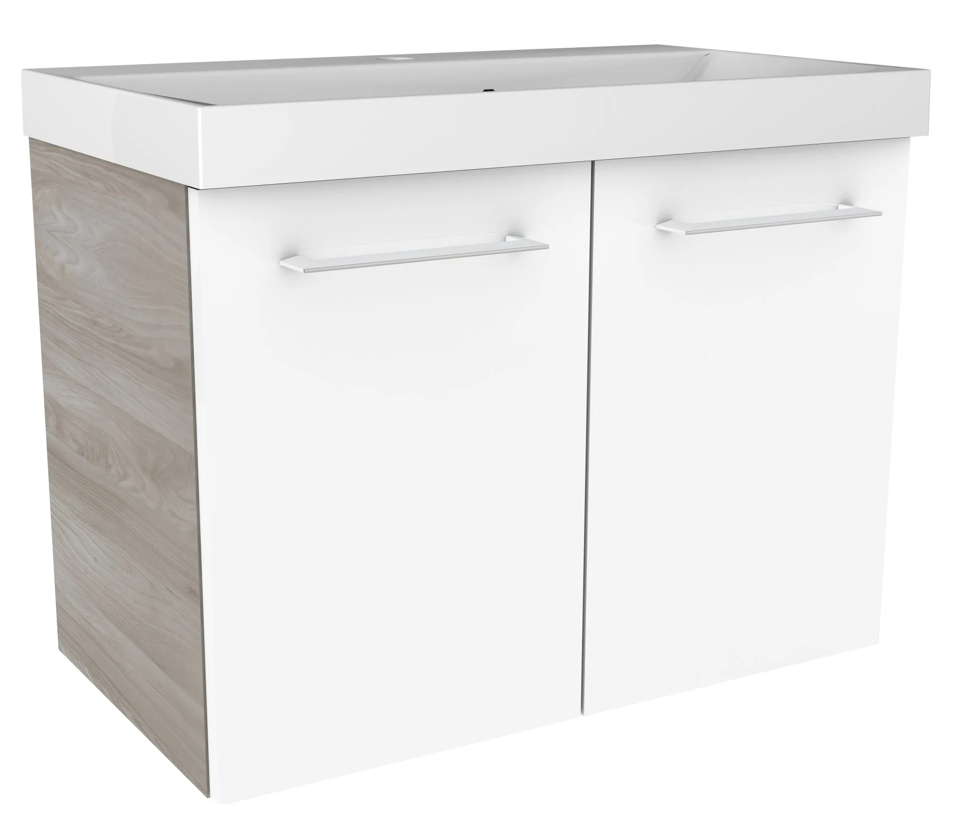 FACKELMANN LIMA Waschbecken mit Unterschrank 60 cm breit, Weiß/Braun, Waschbecken Gussmarmor Weiß