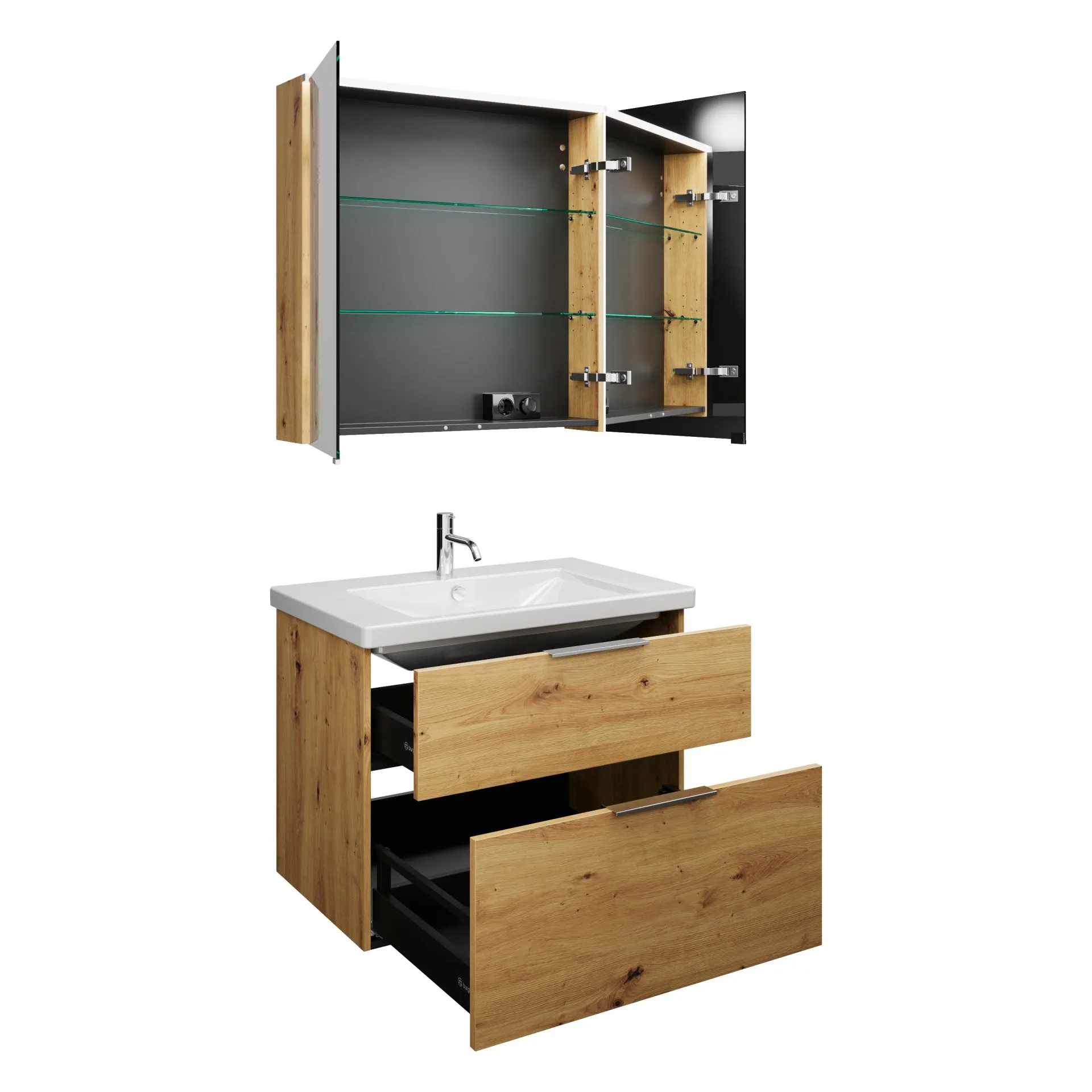 Burgbad EQIO Waschtisch Set mit Spiegelschrank 83 cm breit, Braun, Waschbecken Keramik Weiß