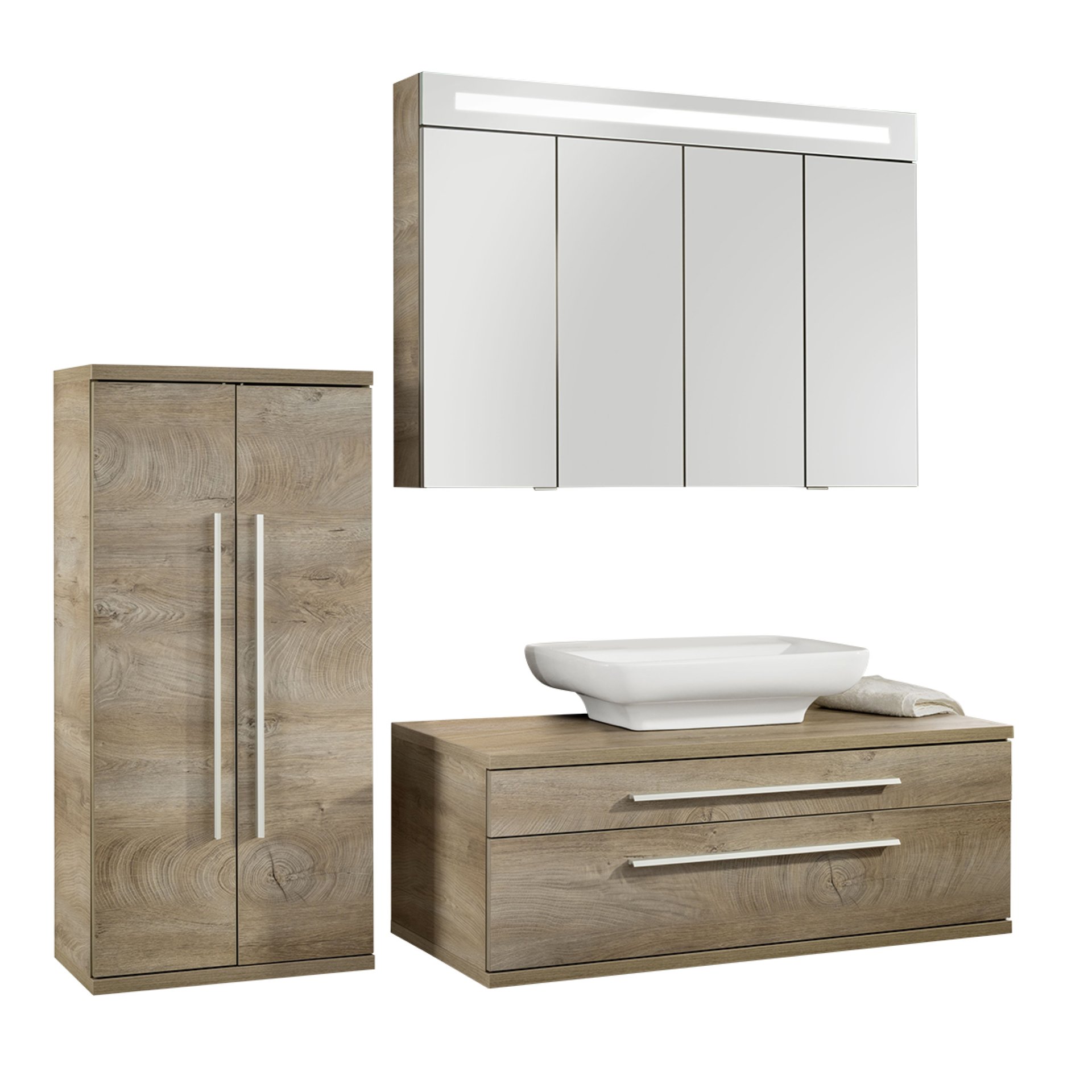 Fackelmann STANFORD Badmöbel Set 4-teilig, 110 cm breit, Braun, Aufsatzbecken+Spiegelschrank+Midischrank