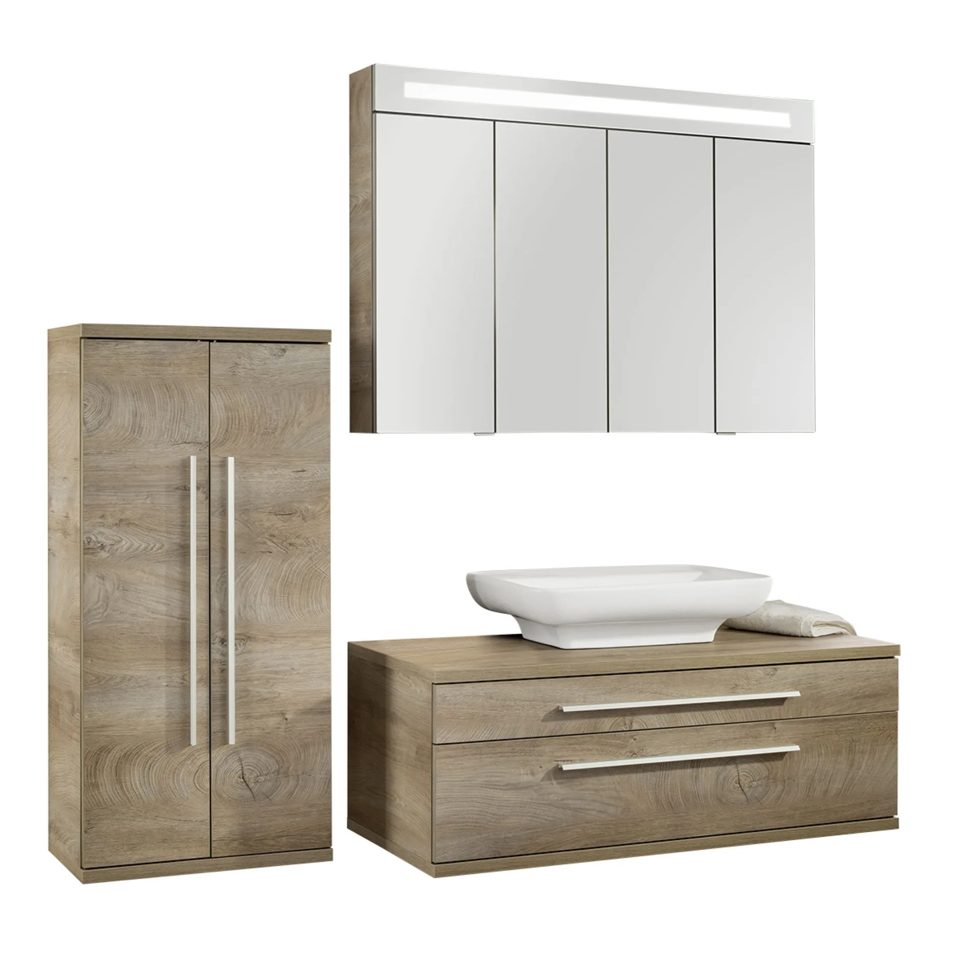 Fackelmann STANFORD Badmöbel Set 4-teilig, 110 cm breit, Braun, Aufsatzbecken+Spiegelschrank+Midischrank