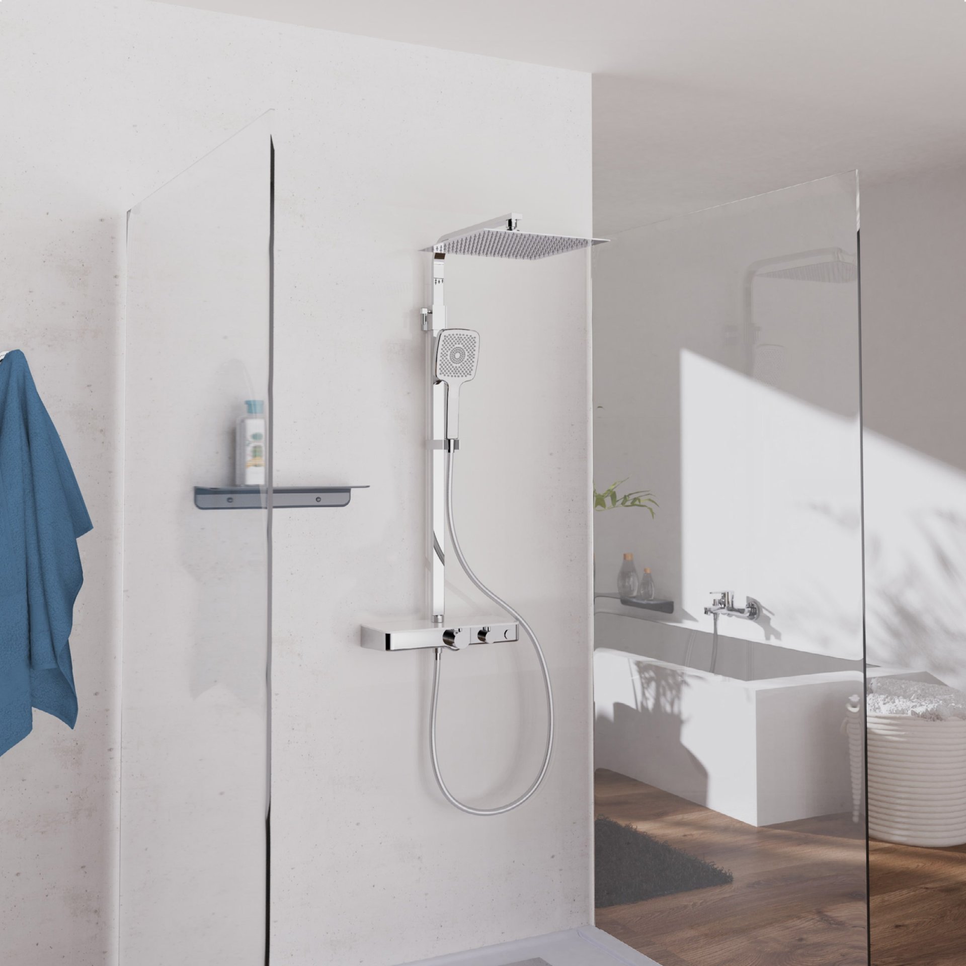 SCHÜTTE OCEAN Überkopf-Brauseset, Chrom/Weiß, mit Duschthermostat und Ablage
