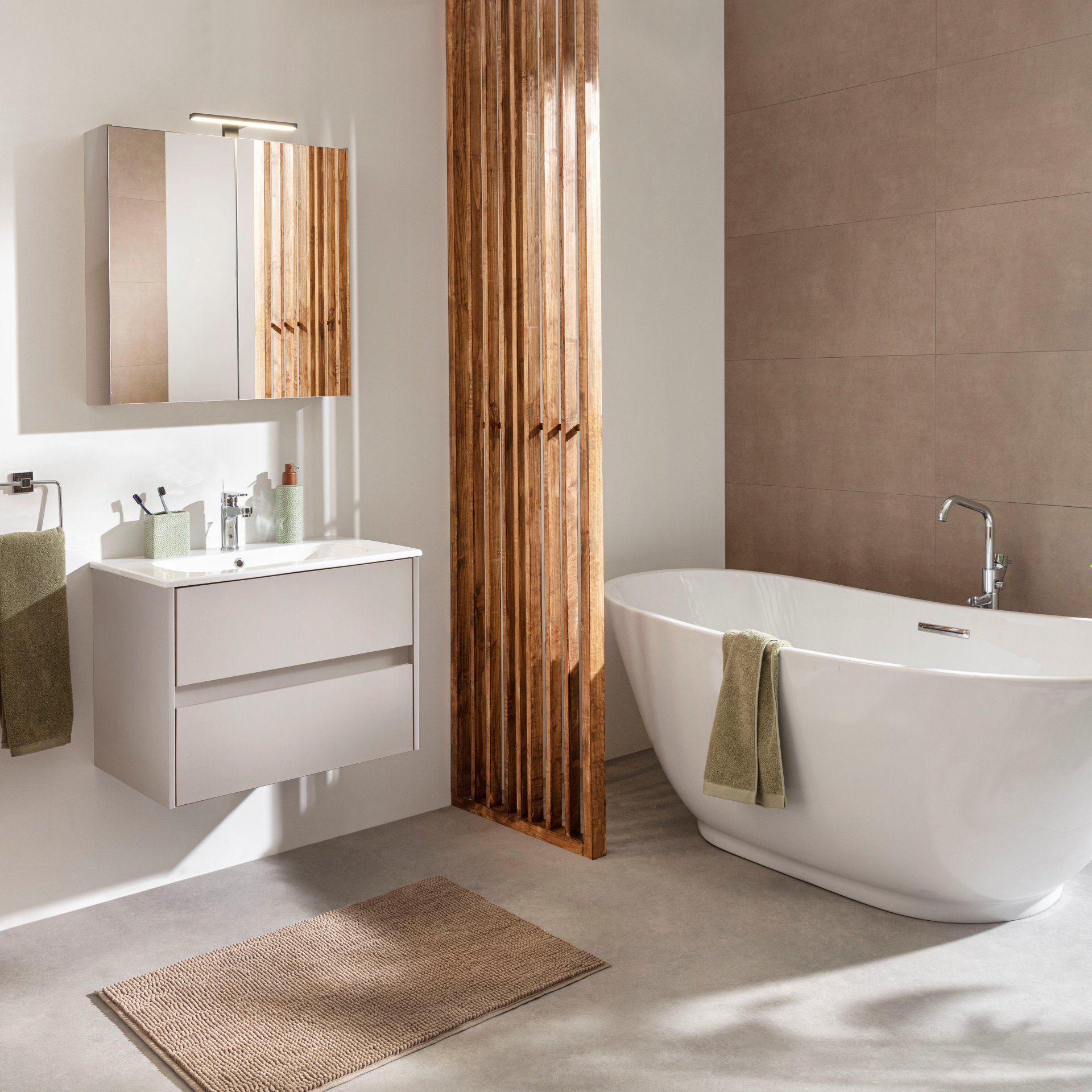 FACKELMANN COMPACT LINE Waschtisch Set mit Spiegelschrank 71 cm breit, Grau, Waschbecken Keramik Weiß, inklusive Aufsatzleuchte und Energie Box, 2 Schubladen