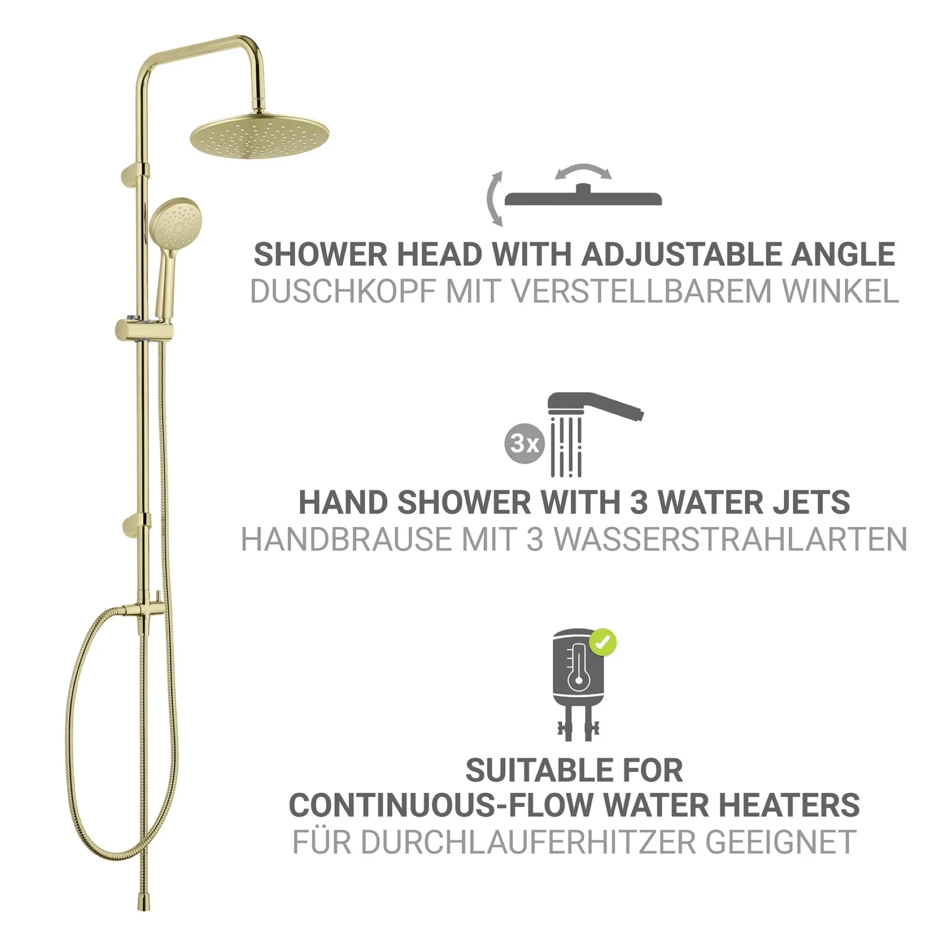 WENKO YOUNG Duschsystem, Gold, 3 verschiedene Wasserstrahlarten
