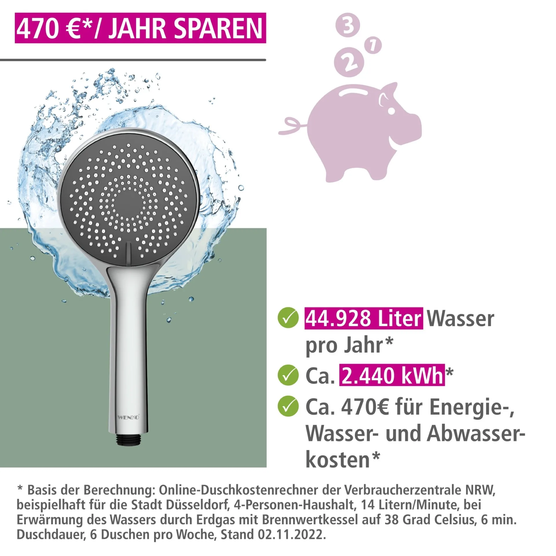 WENKO Stangenbrause Set 70 cm, Chrom, mit Wassersparsystem, 3 verschiedene Wasserstrahlarten, Edelstahl