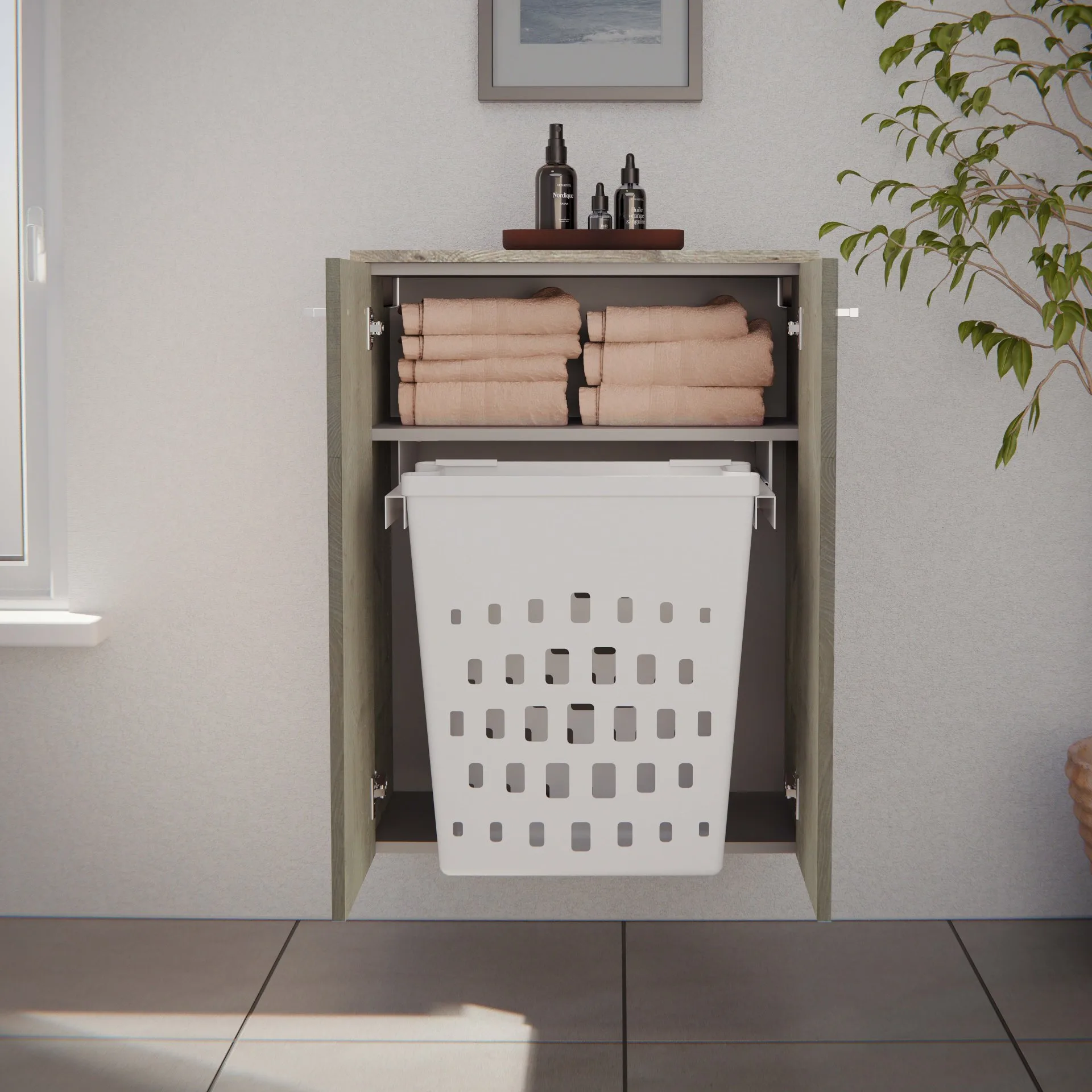 FACKELMANN B.STYLE Doppel Midischrank 60 cm, Braun hell, mit Wäschekorb