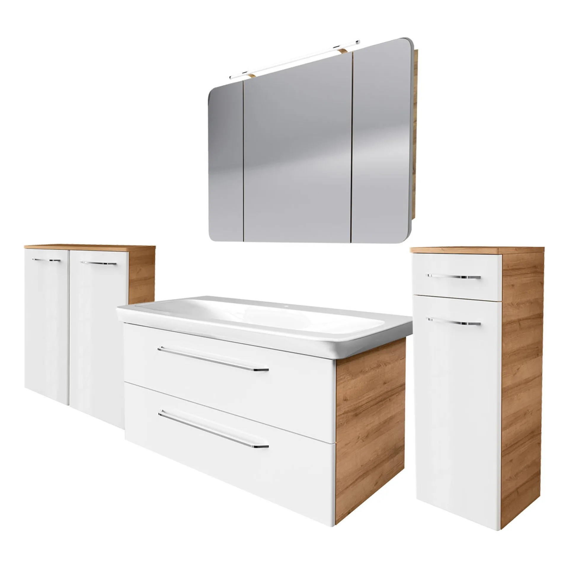 FACKELMANN MILANO Badmöbel Set 5-teilig 107 cm breit, Weiß/Braun hell, Waschbecken Keramik Weiß + LED Spiegelschrank + Doppel Midischrank + Midischrank