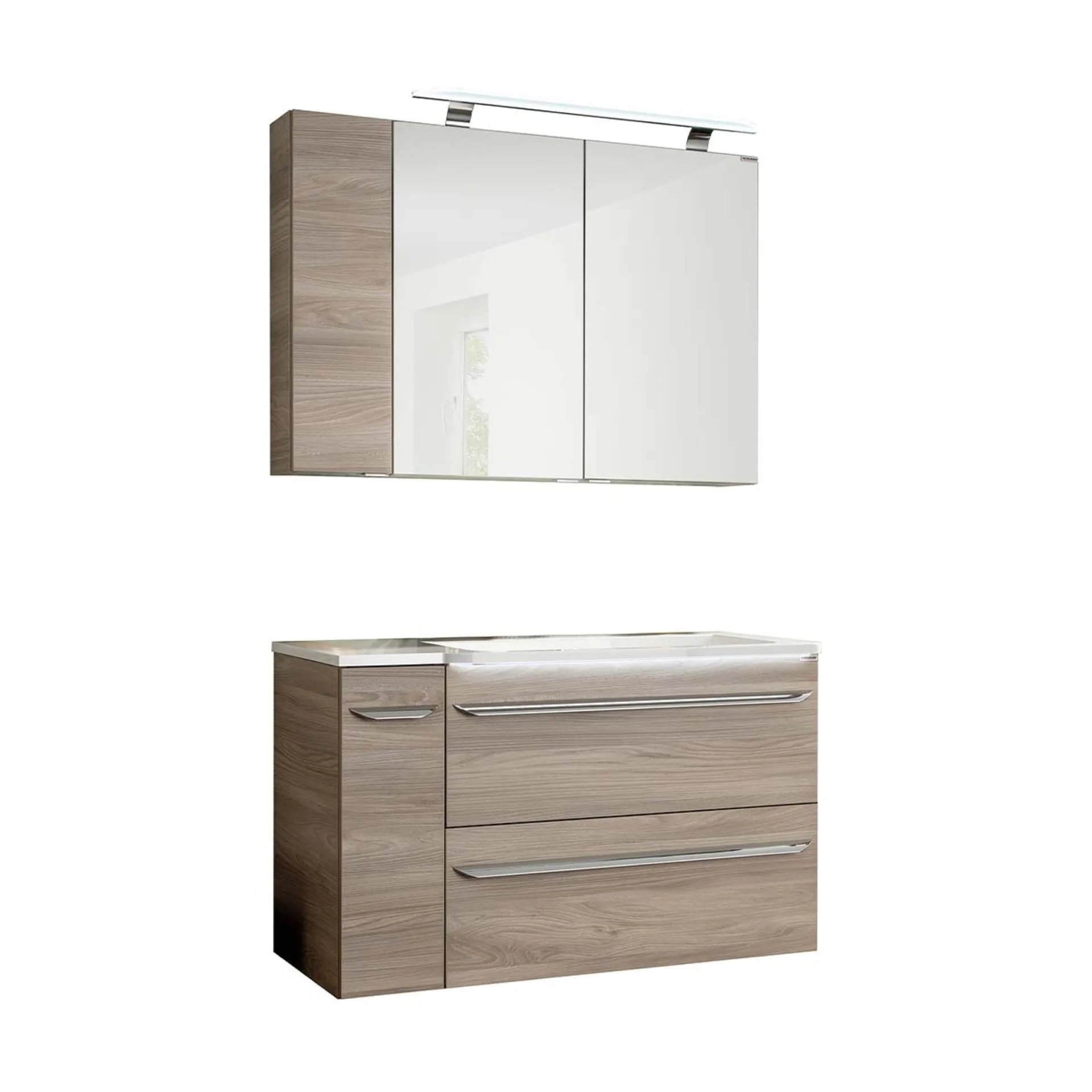 FACKELMANN LUXOR Badmöbel Set 5-teilig 100 cm breit, Braun hell, Waschbecken Gussmarmor Weiß + LED Spiegelschrank + Unterschrank + Hängeschrank Türanschlag links