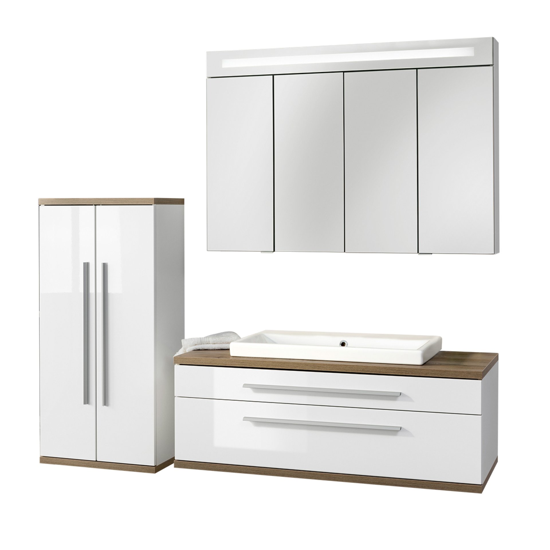 Fackelmann STANFORD Badmöbel Set 4-teilig, 110 cm breit, Weiß,Keramik+Spiegelschrank+Midischrank