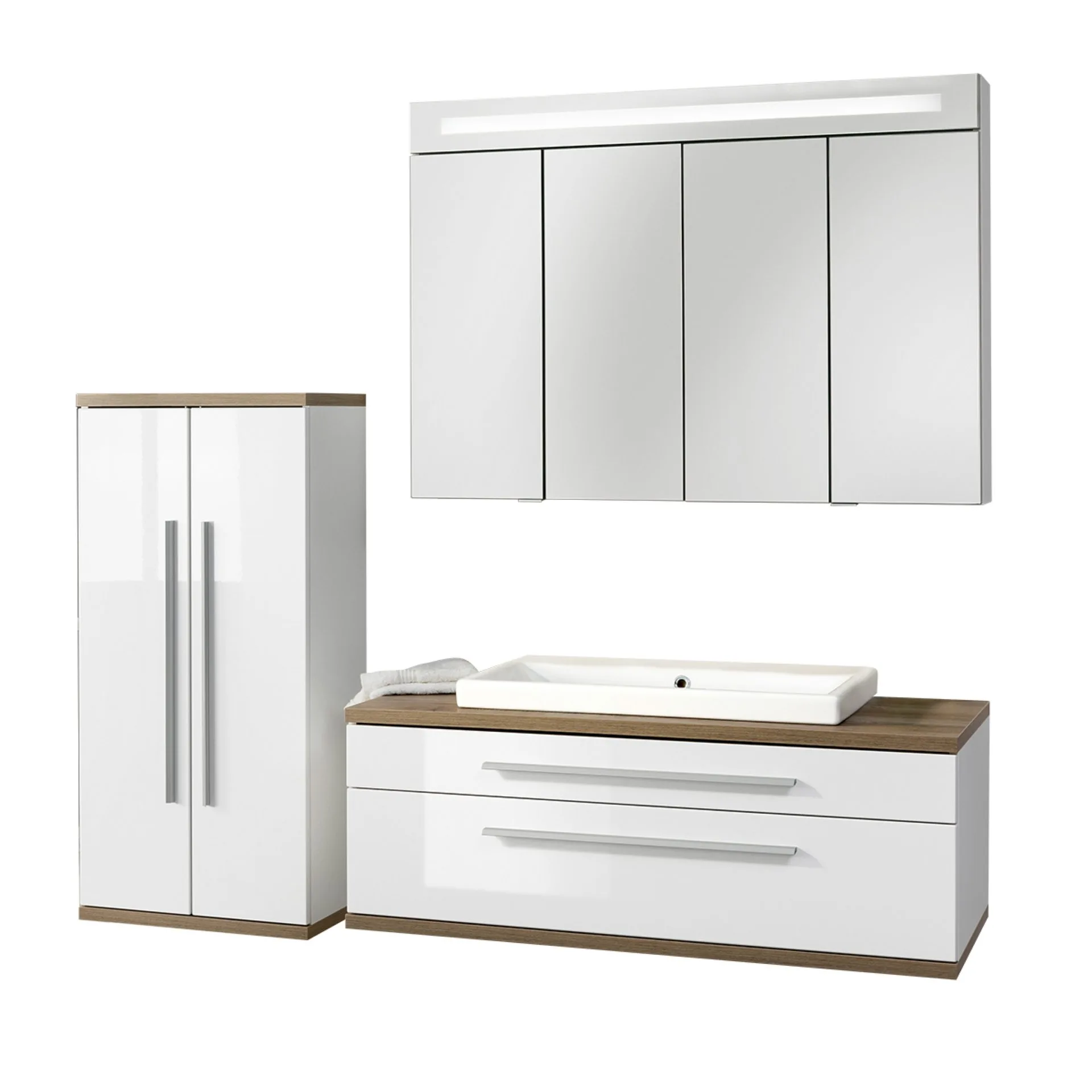 Fackelmann STANFORD Badmöbel Set 4-teilig, 110 cm breit, Weiß,Keramik+Spiegelschrank+Midischrank