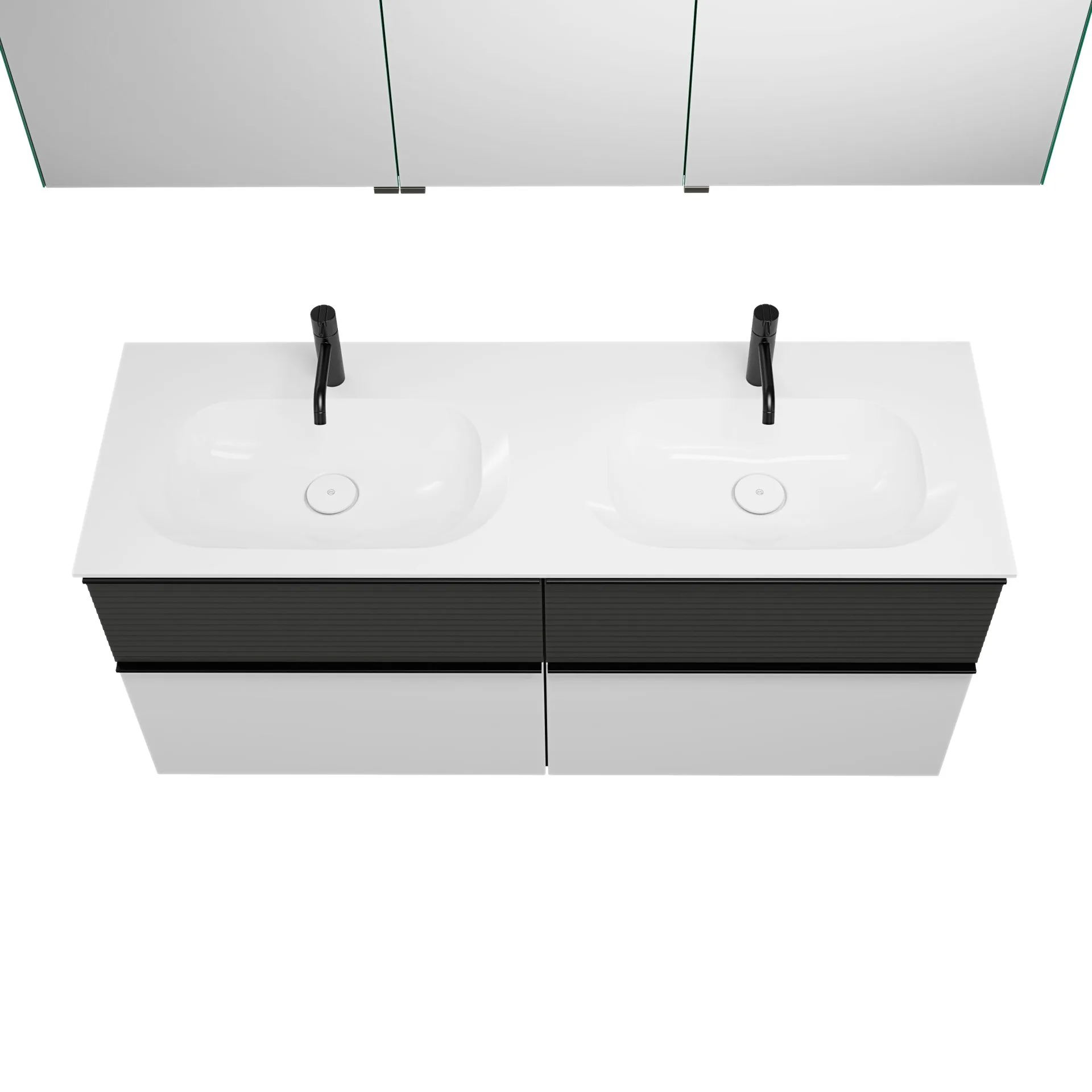 Burgbad FIUMO Waschtisch Set mit Spiegelschrank 142 cm breit, Anthrazit/Weiß, Doppelwaschbecken Gussmarmor Weiß, 4 Schubladen, Anschlag rechts