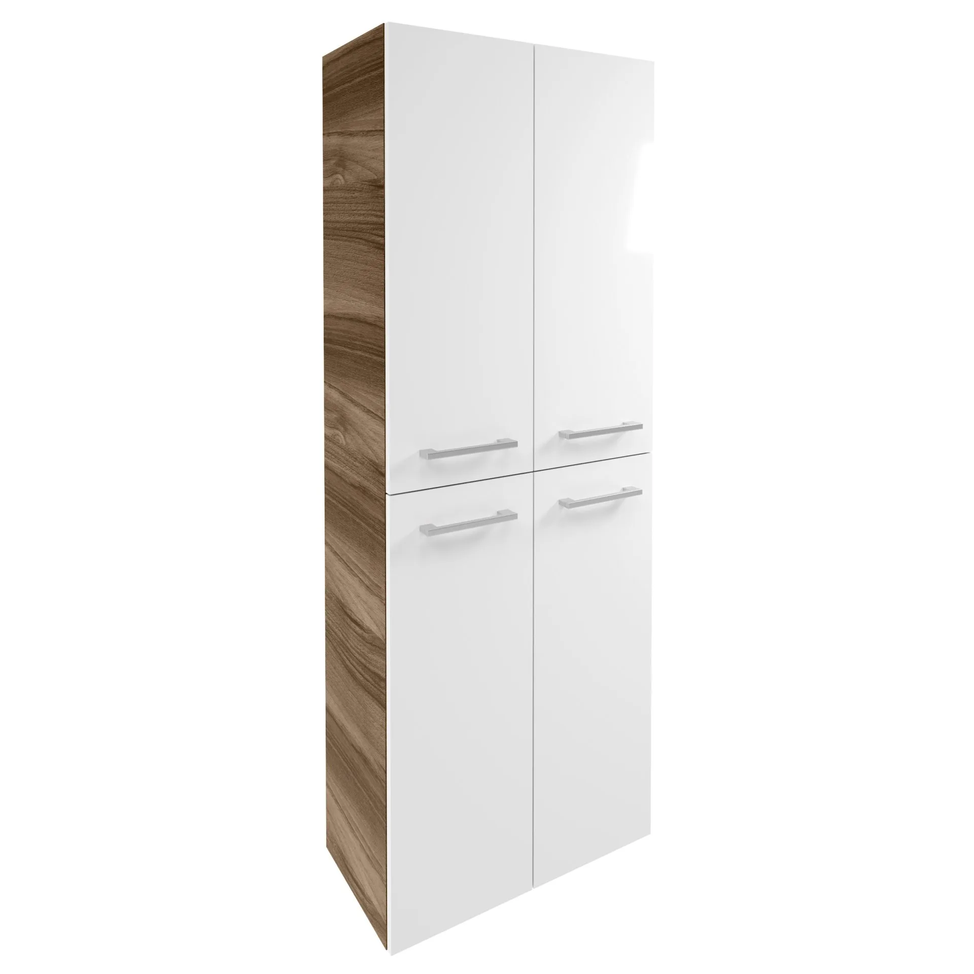 FACKELMANN VERONA Doppel Hochschrank 60 cm breit, Weiß Hochglanz/Braun Dunkel, mit Wäschekorb