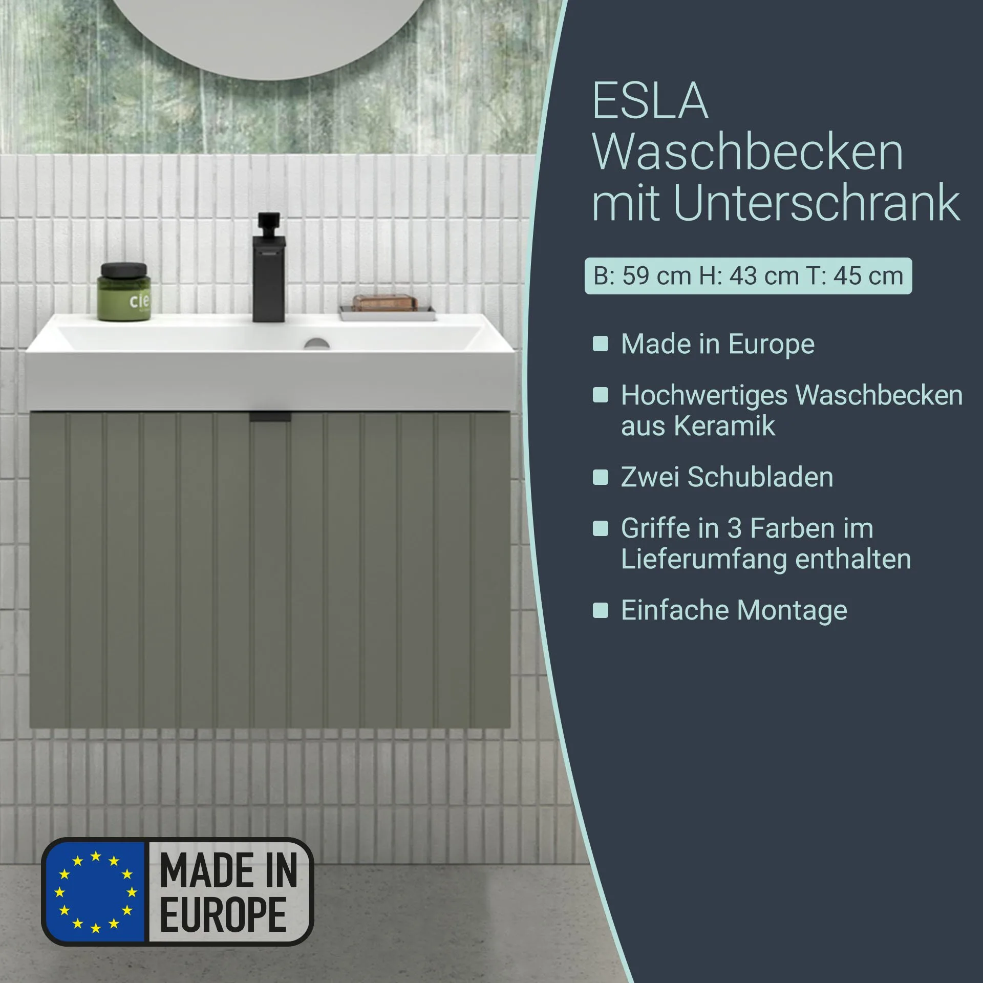 BADEDU ESLA Waschbecken mit Unterschrank 59 cm breit, Grün, Waschbecken Gussmarmor Weiß