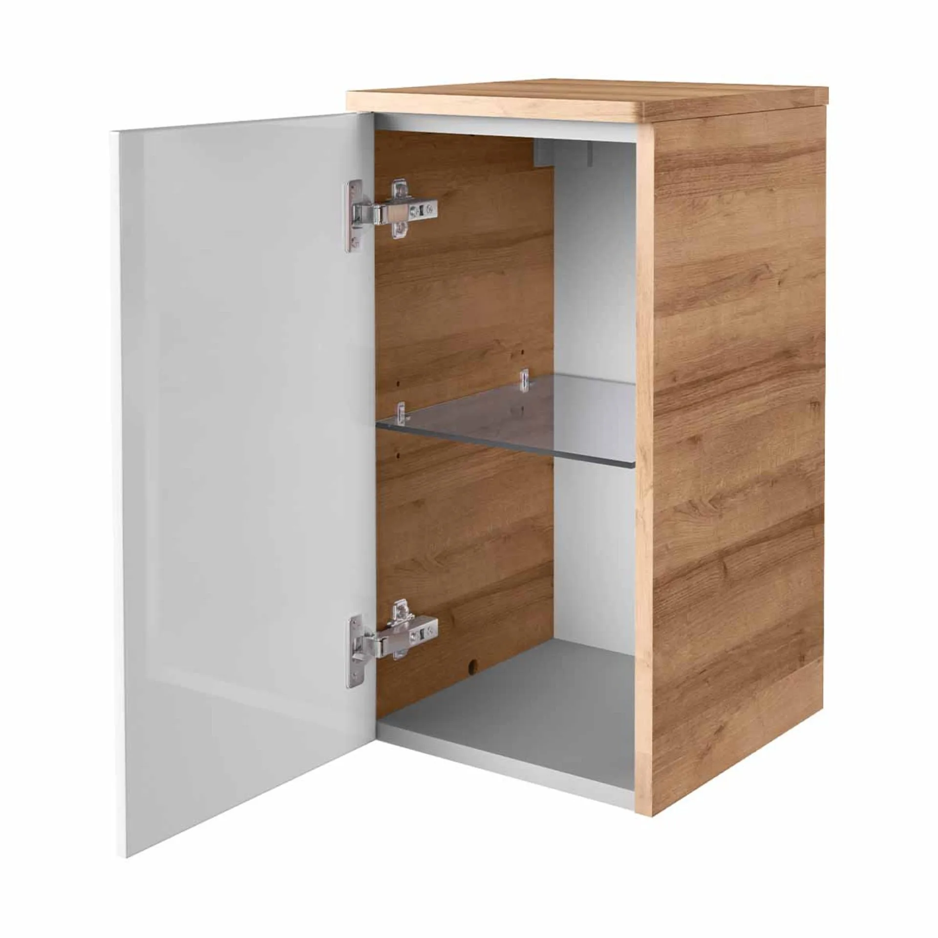FACKELMANN MILANO Badmöbel Set 5-teilig 88 cm breit, Weiß/Braun hell, Waschbecken Keramik Weiß + LED Spiegel + Unterschrank + Hängeschrank