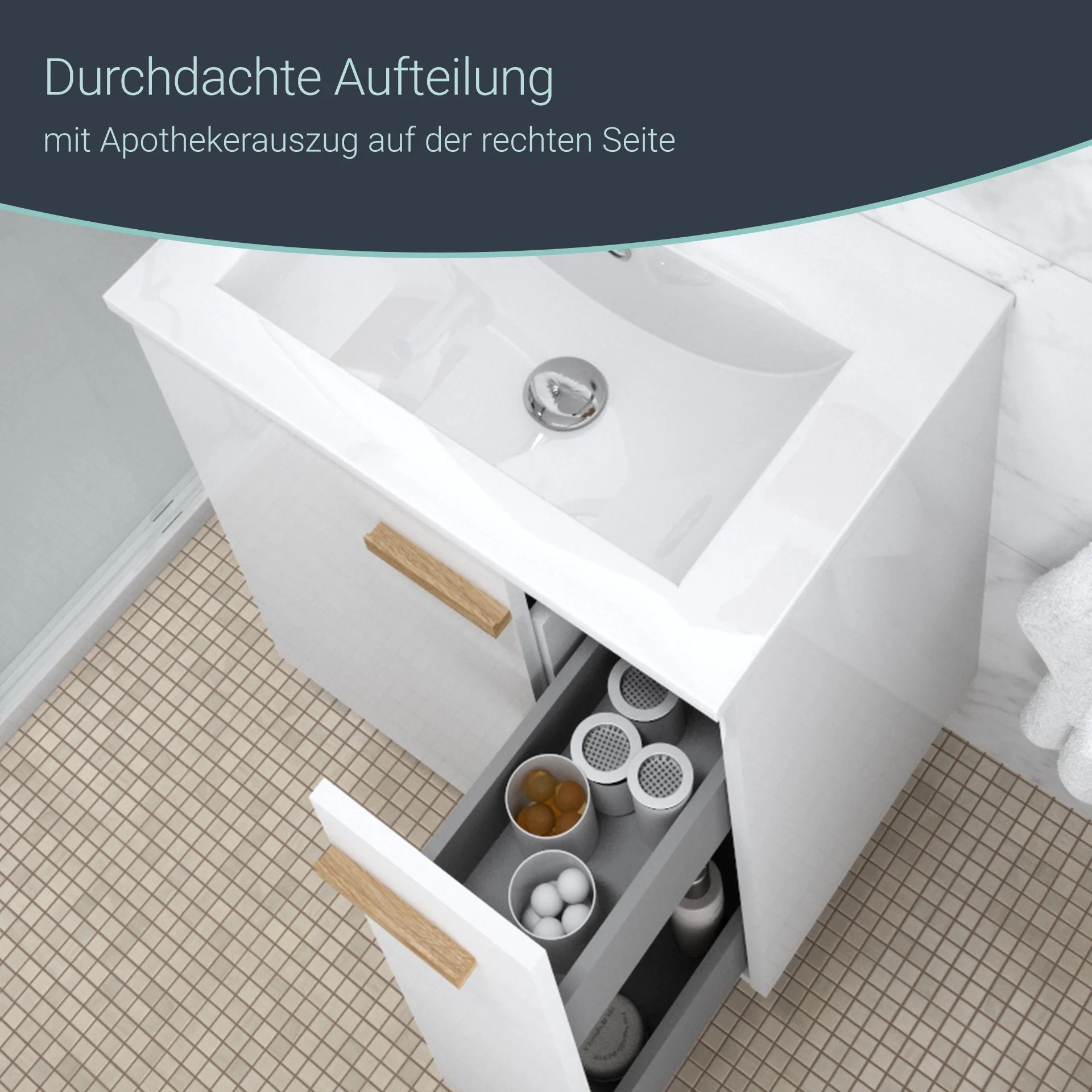 BADEDU HIERA Waschbecken mit Unterschrank 60 cm breit, Weiß, Waschbecken Keramik Weiß