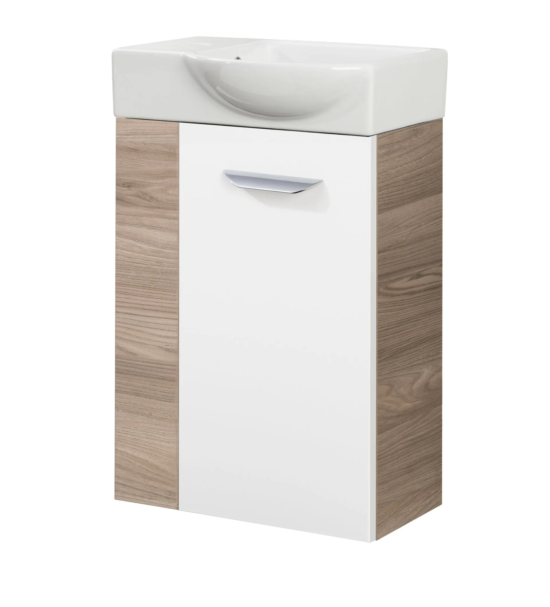 FACKELMANN SBC LUXOR Gäste WC Waschtisch Set 45 cm breit, Weiß/Braun hell, Waschbecken Keramik Weiß, Türanschlag rechts