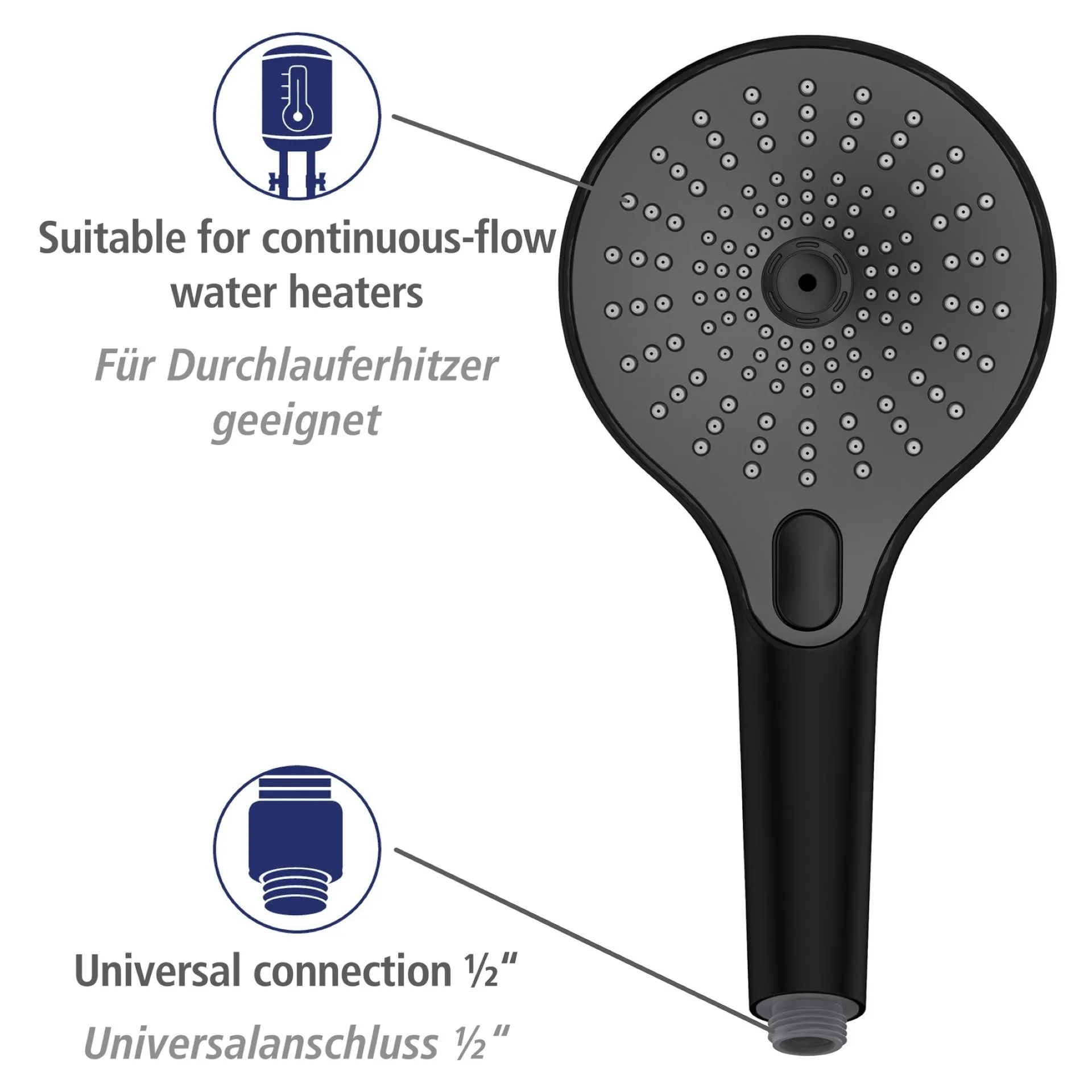 WENKO ULTIMATE Duschkopf Ø 13 cm, Schwarz/Grau, 3 verschiedene Wasserstrahlarten