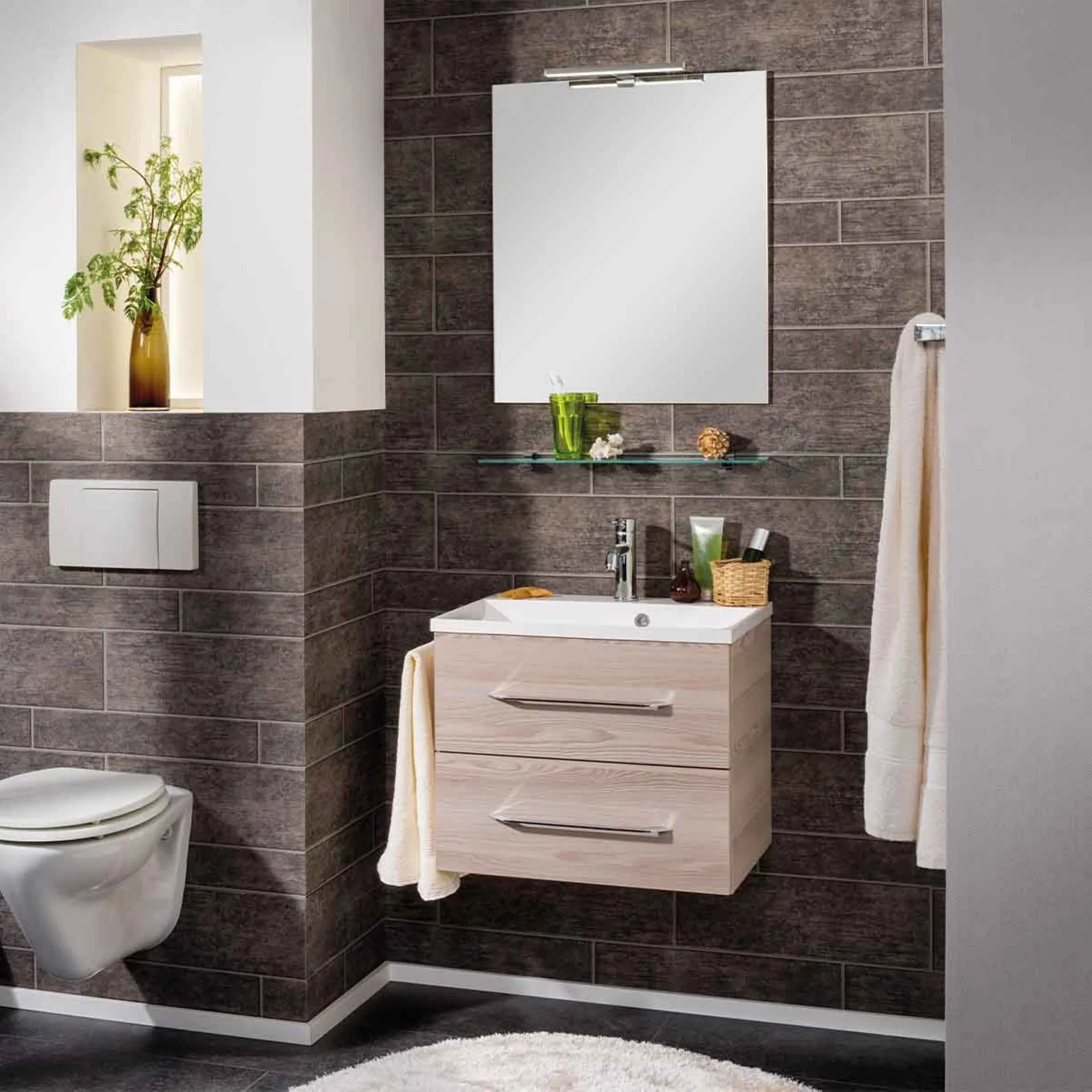 FACKELMANN B.CLEVER Waschtisch Set mit Spiegel 60 cm breit, Braun hell, Waschbecken Gussmarmor Weiß + LED Aufsatzleuchte