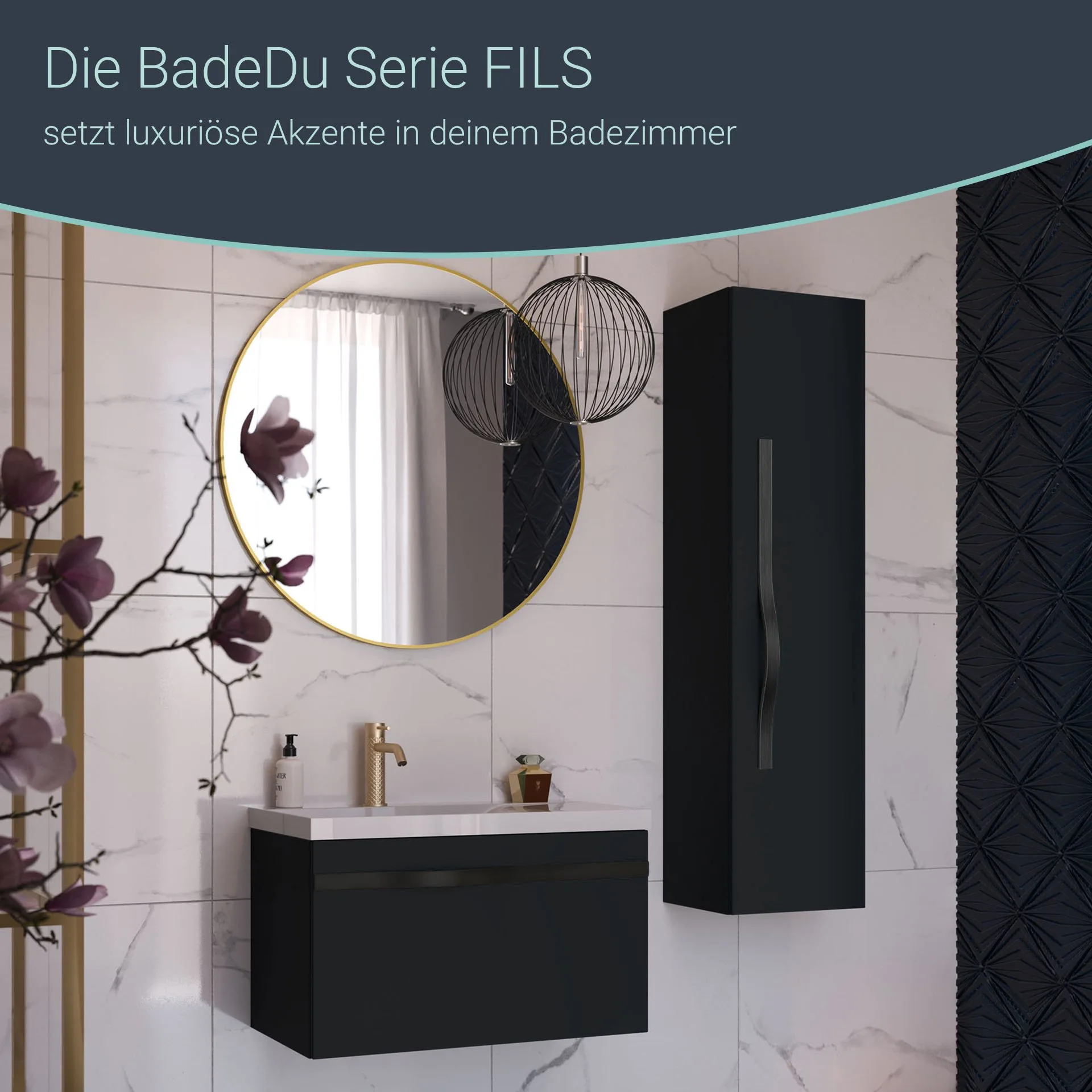 BADEDU FILS Waschbecken mit Unterschrank 69 cm breit, Schwarz, Waschbecken Gussmarmor Weiß, Griff Schwarz