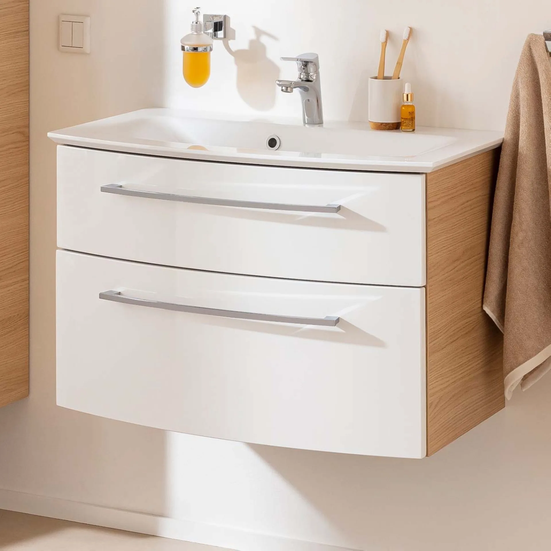 FACKELMANN B.STYLE Waschbecken mit Unterschrank 83 cm breit, Weiß/Braun, Waschbecken Gussmarmor Weiß