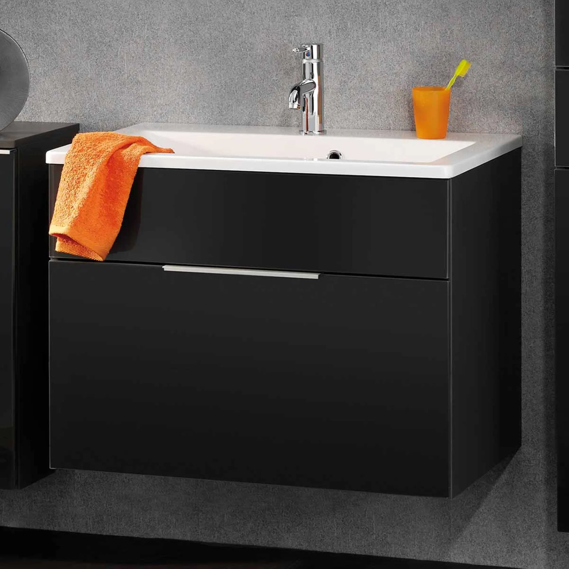 FACKELMANN KARA Waschbecken mit Unterschrank 80 cm breit, Anthrazit, Waschbecken Gussmarmor Weiß, 1 Schublade