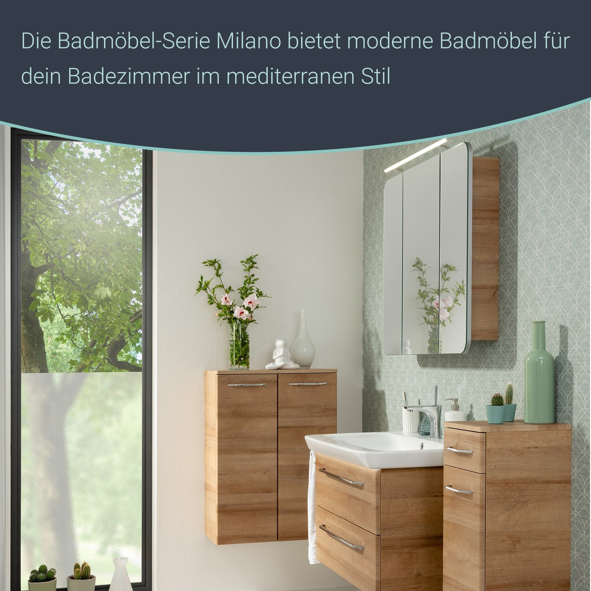 FACKELMANN MILANO Badmöbel Set 4-teilig 88 cm breit, Braun hell, Waschbecken Keramik Weiß + LED Spiegelschrank + Doppel Midischrank