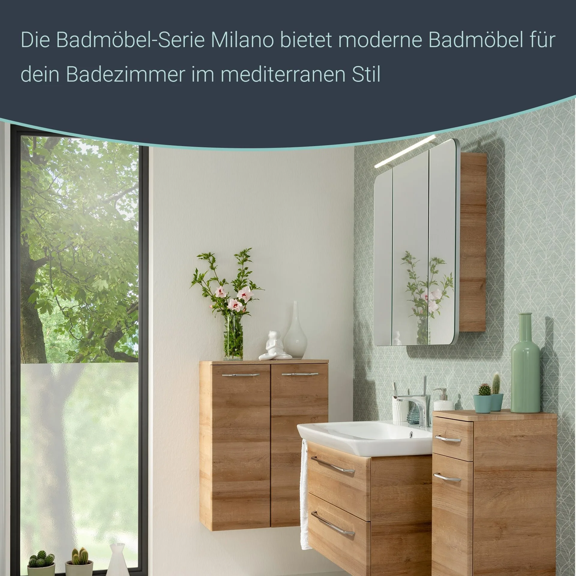 FACKELMANN MILANO Badmöbel Set 4-teilig 88 cm breit, Braun hell, Waschbecken Keramik Weiß + LED Spiegelschrank + Doppel Midischrank